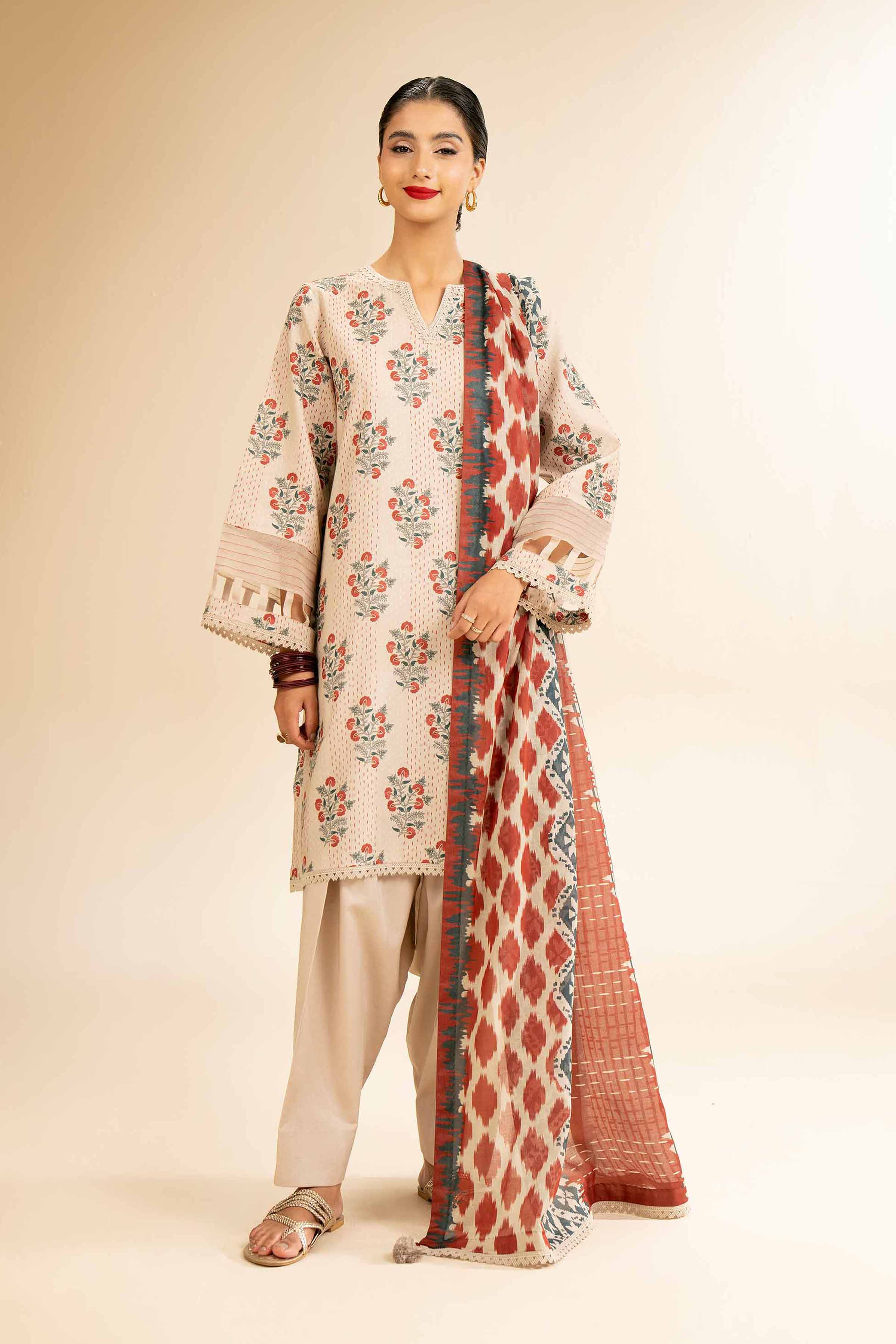 NishatUK - Purple & Beige Printed Lawn 3-piece unstitched Suit