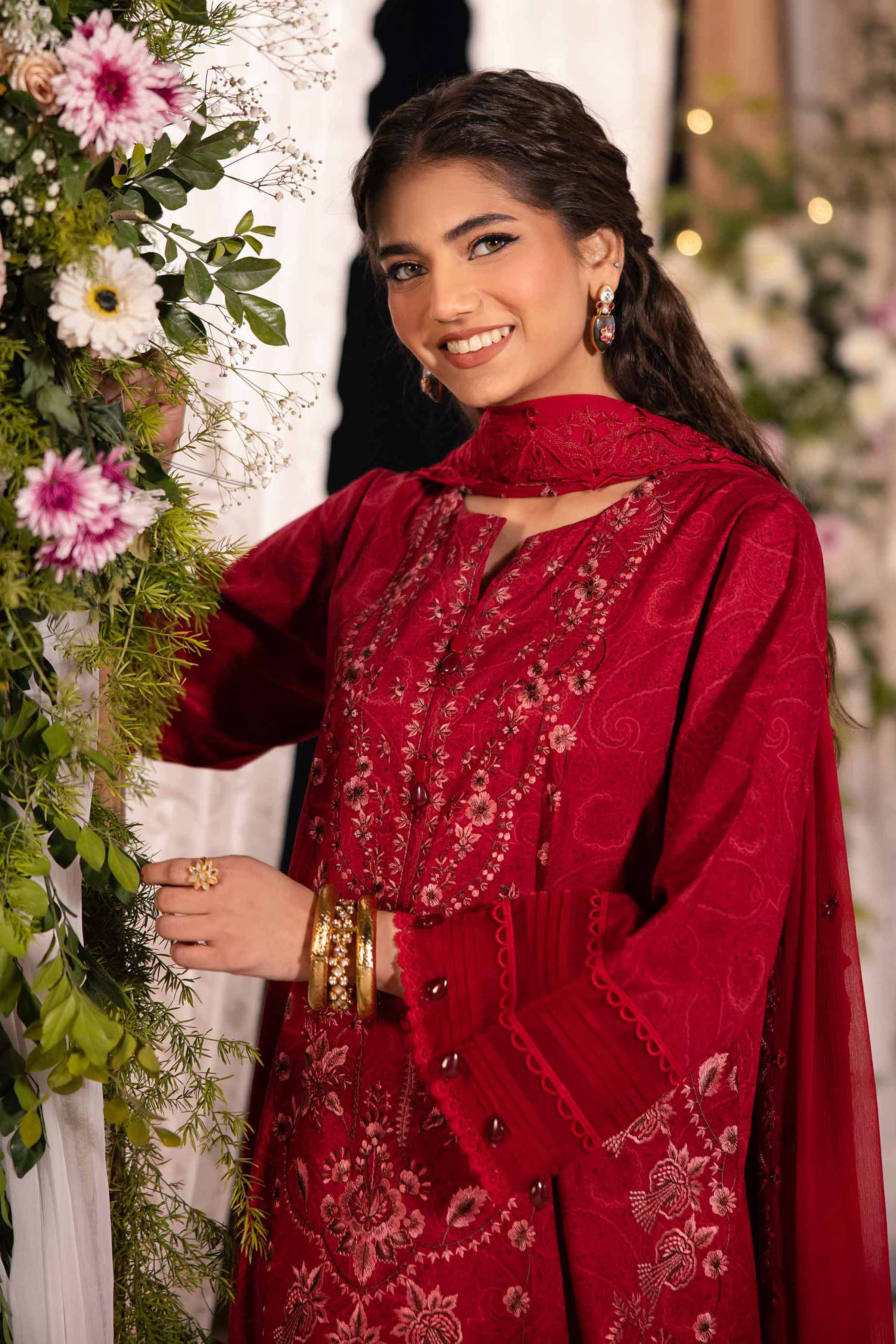 NishatUK - Red Embroidered   Cambric 3-piece unstitched Suit