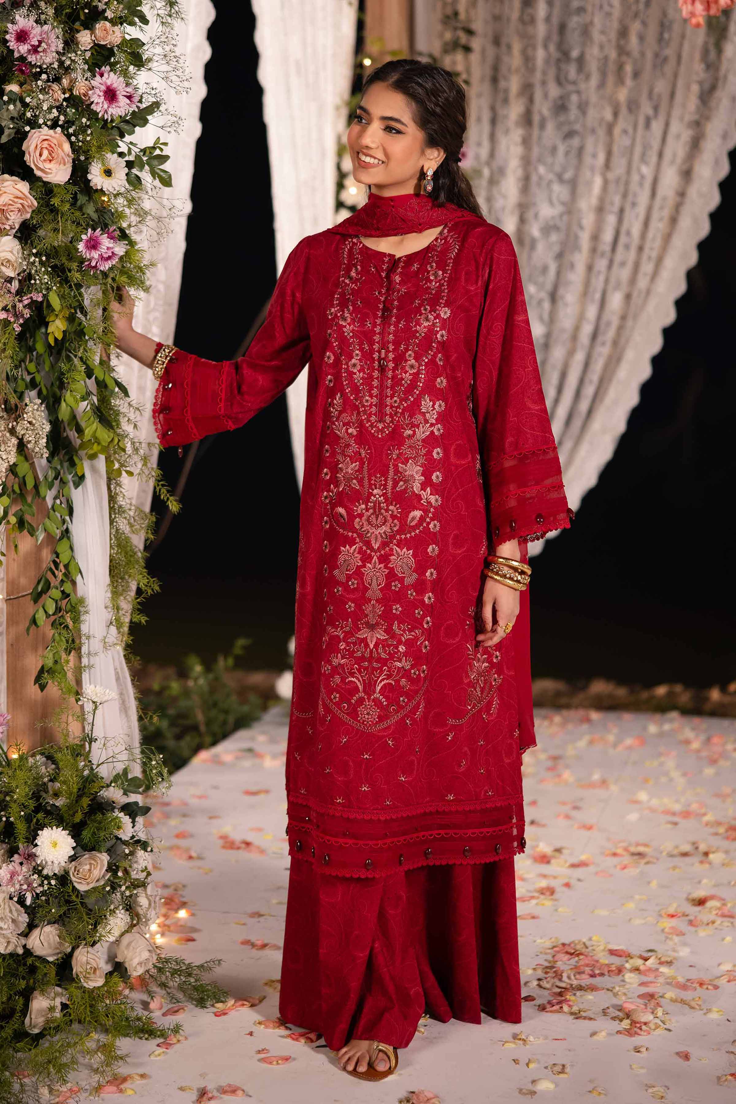 NishatUK - Red Embroidered   Cambric 3-piece unstitched Suit