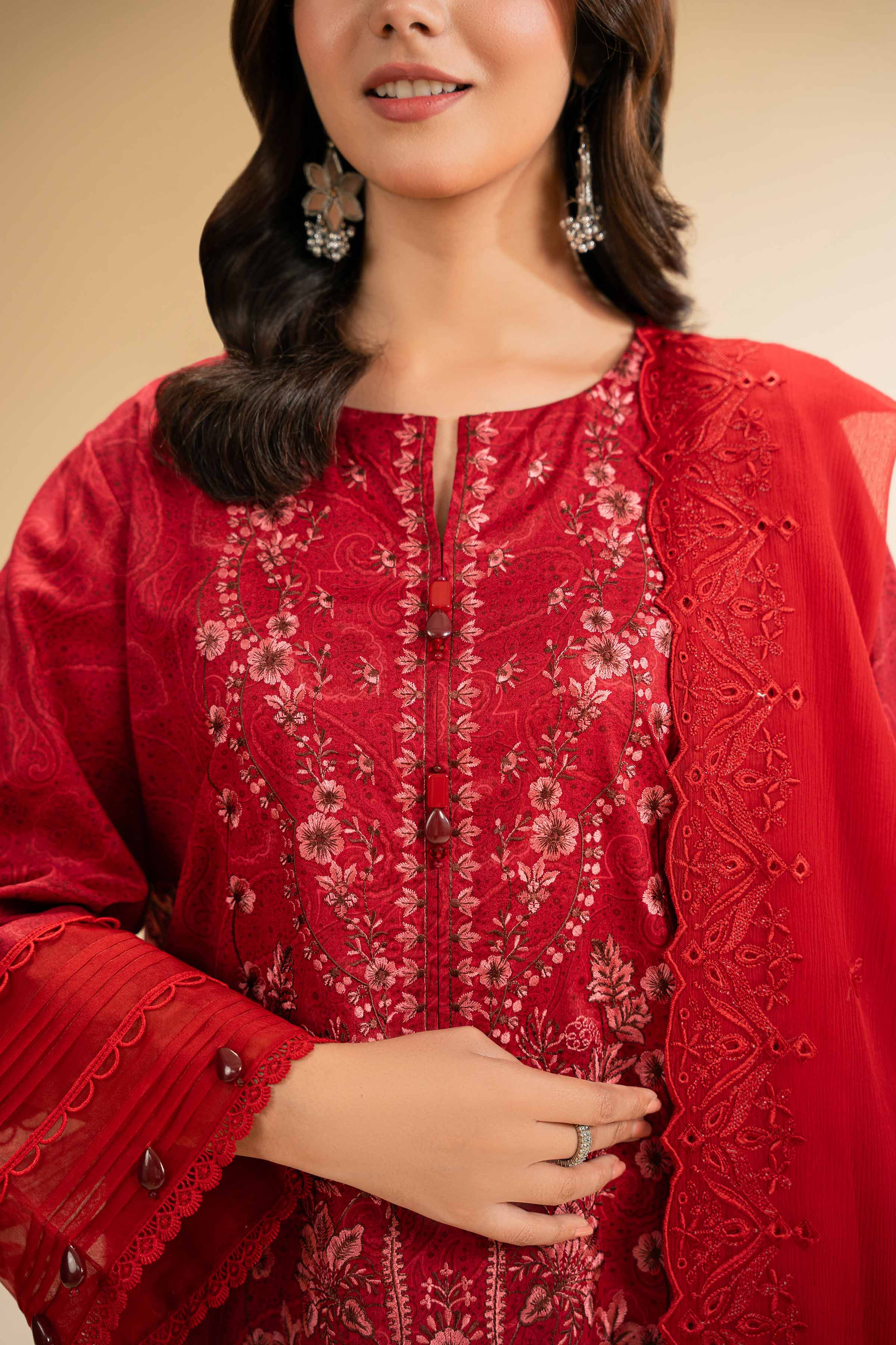 NishatUK - Red Embroidered   Cambric 3-piece unstitched Suit