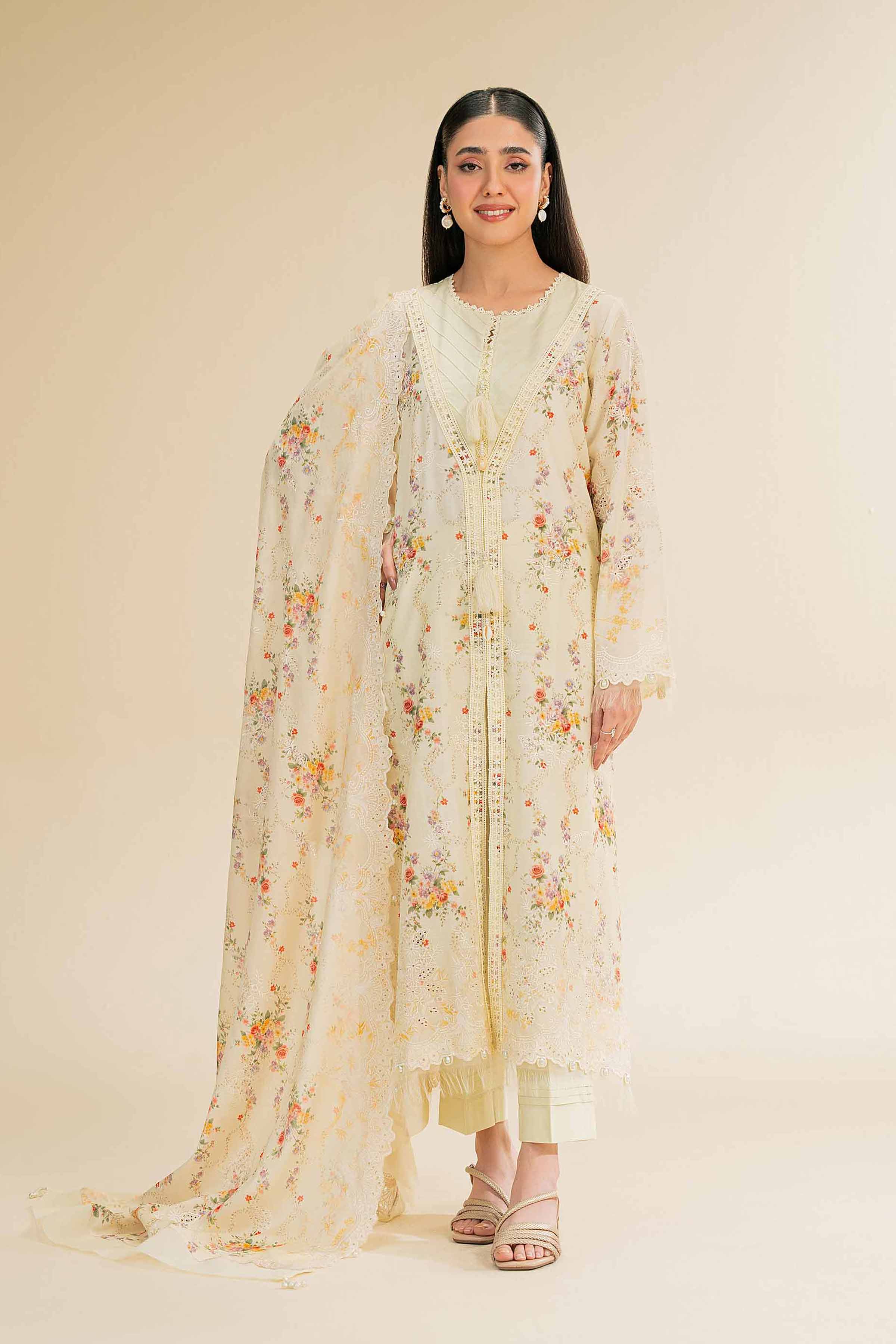 NishatUK - Pale Yellow Green Embroidered   Cambric 3-piece unstitched Suit