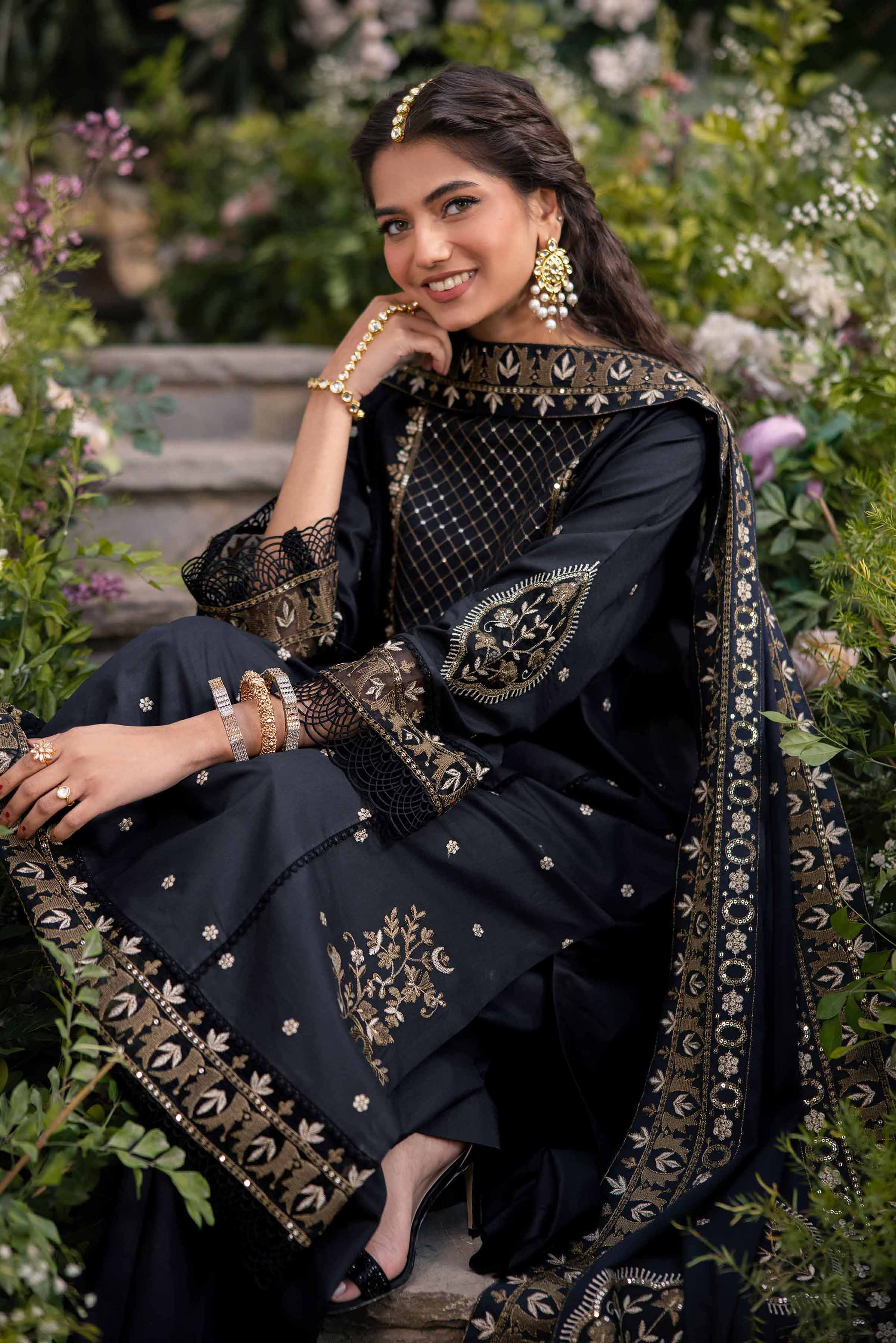 Buy Black Embroidered Cambric 3-piece unstitched Suit
