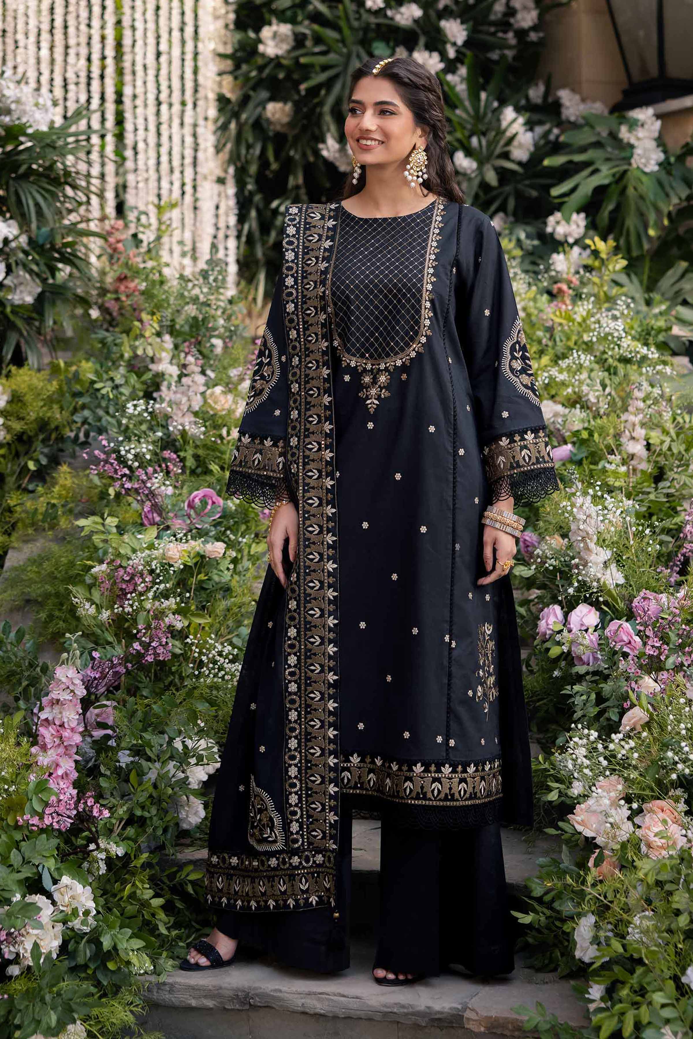 Buy Black Embroidered Cambric 3-piece unstitched Suit Buy Black Embroidered Cambric 3-piece unstitched Suit