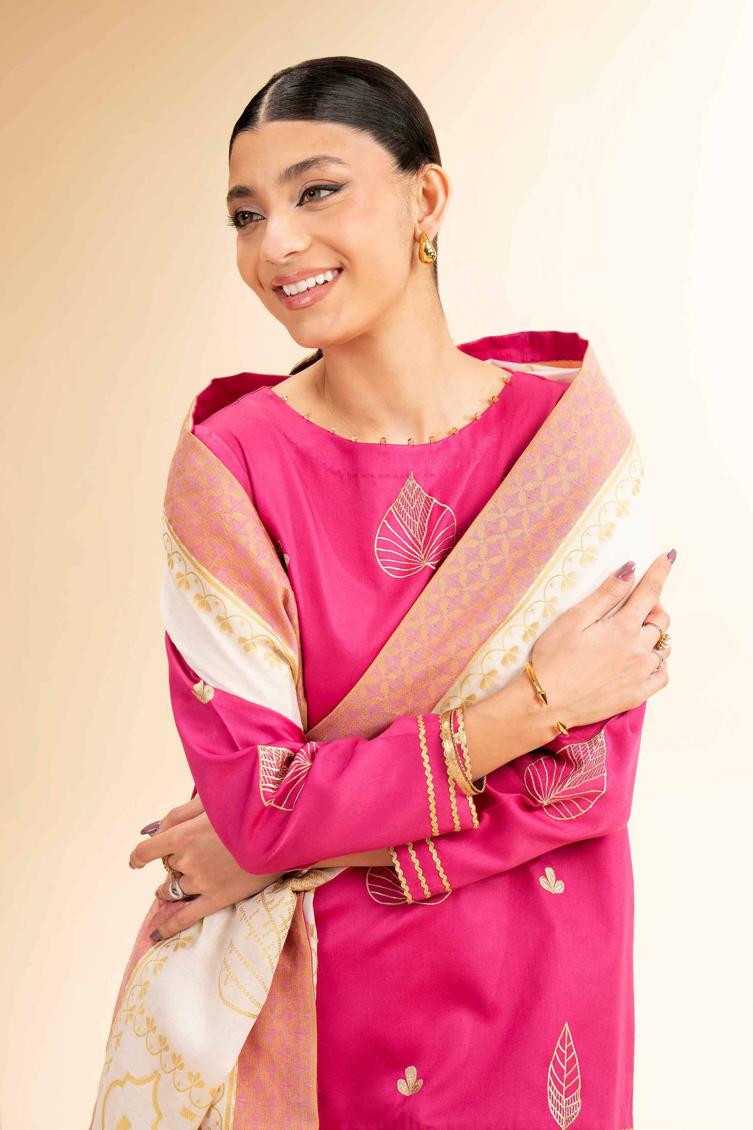 NishatUK - Beige Embroidered   Satin 3-piece unstitched Suit