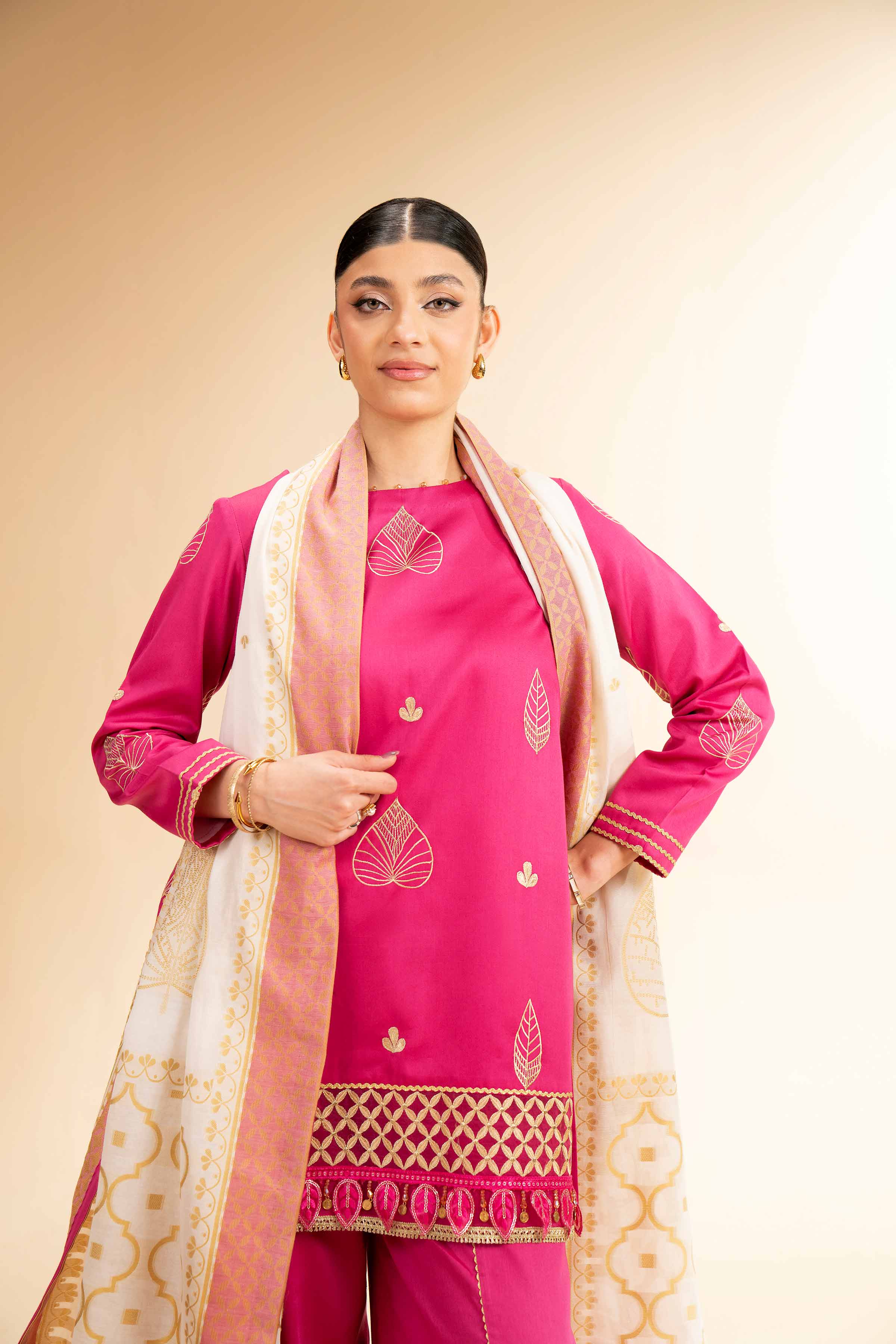 NishatUK - Beige Embroidered   Satin 3-piece unstitched Suit