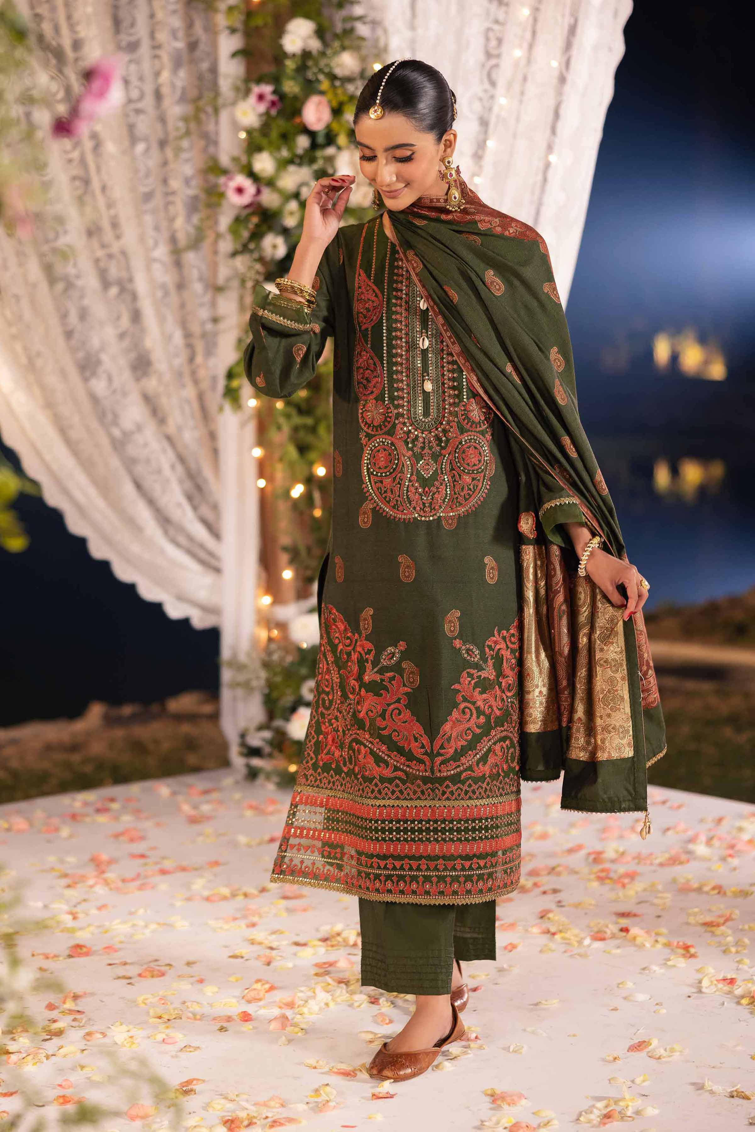 NishatUK - Green Embroidered  Banarsi 3-piece unstitched Suit