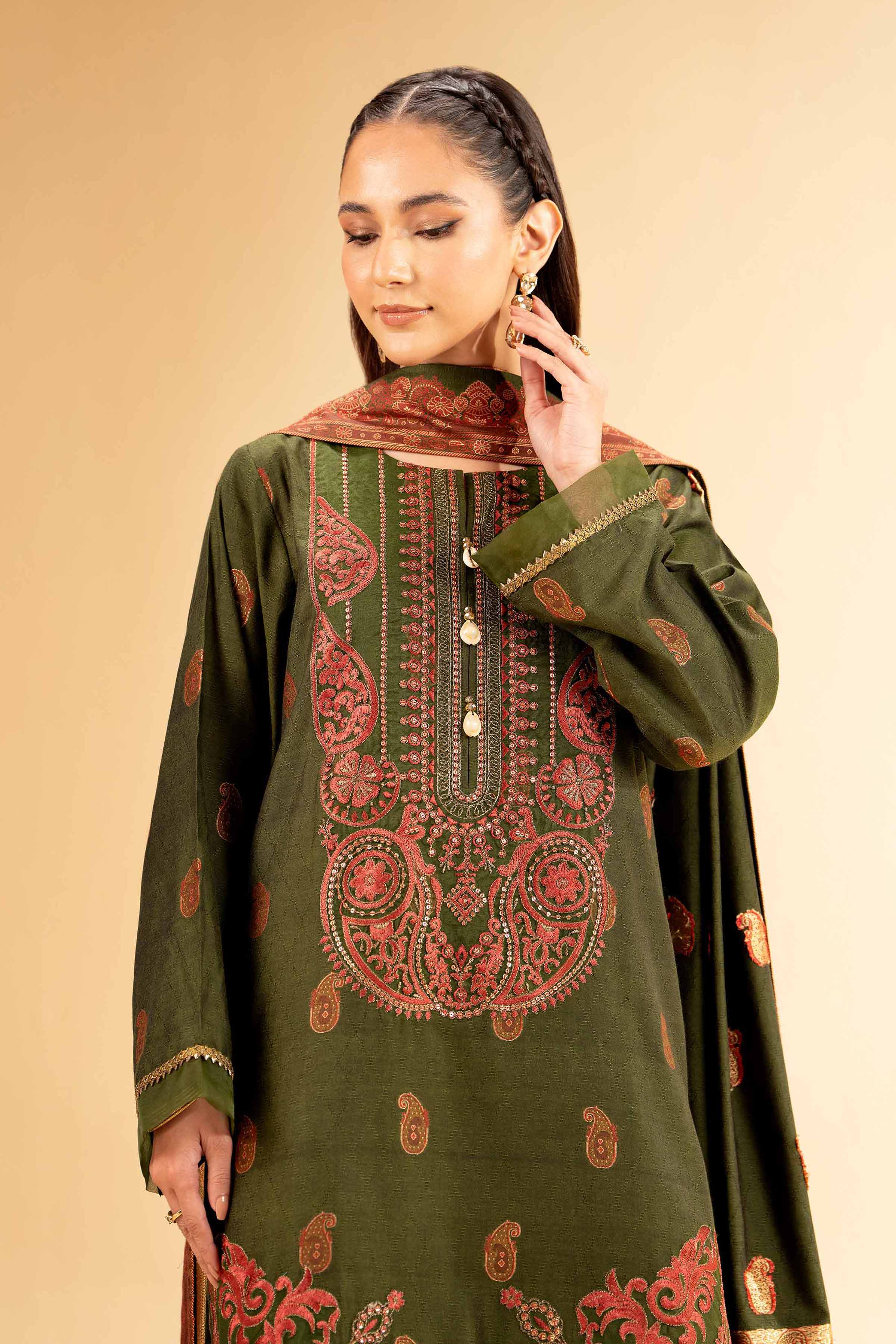 NishatUK - Green Embroidered  Banarsi 3-piece unstitched Suit