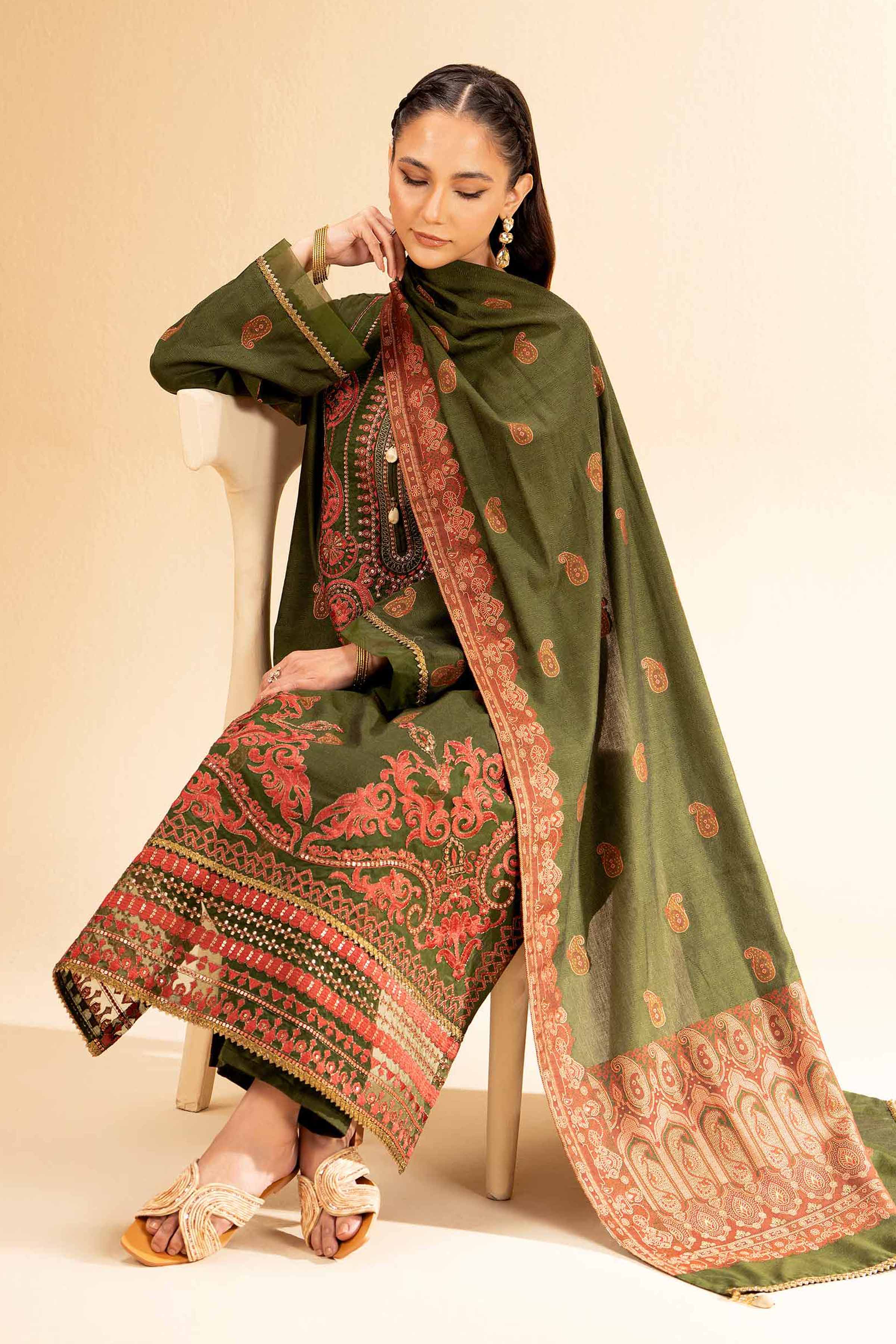 NishatUK - Green Embroidered  Banarsi 3-piece unstitched Suit