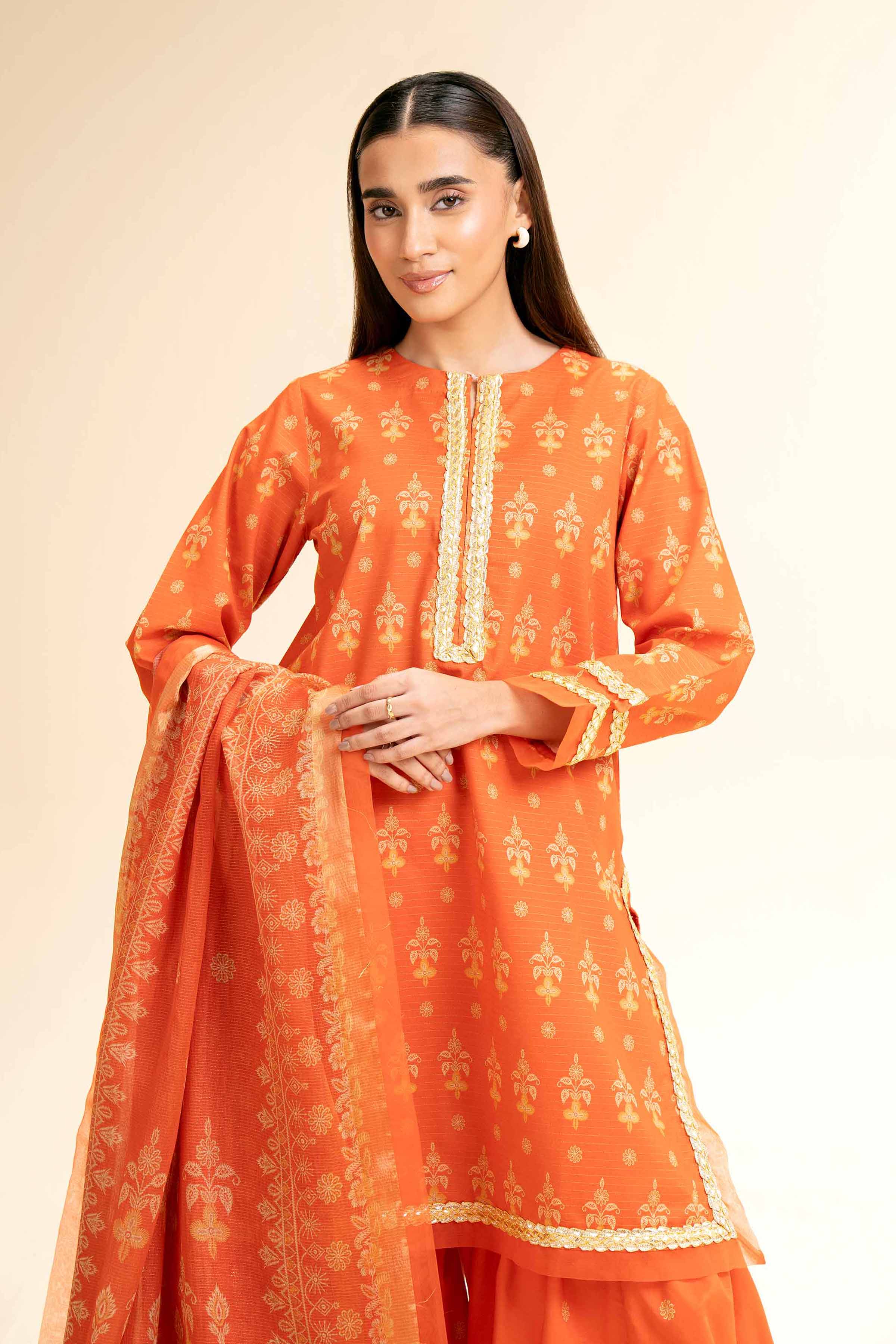 NishatUK - Orange Printed Lawn 3-piece unstitched Suit