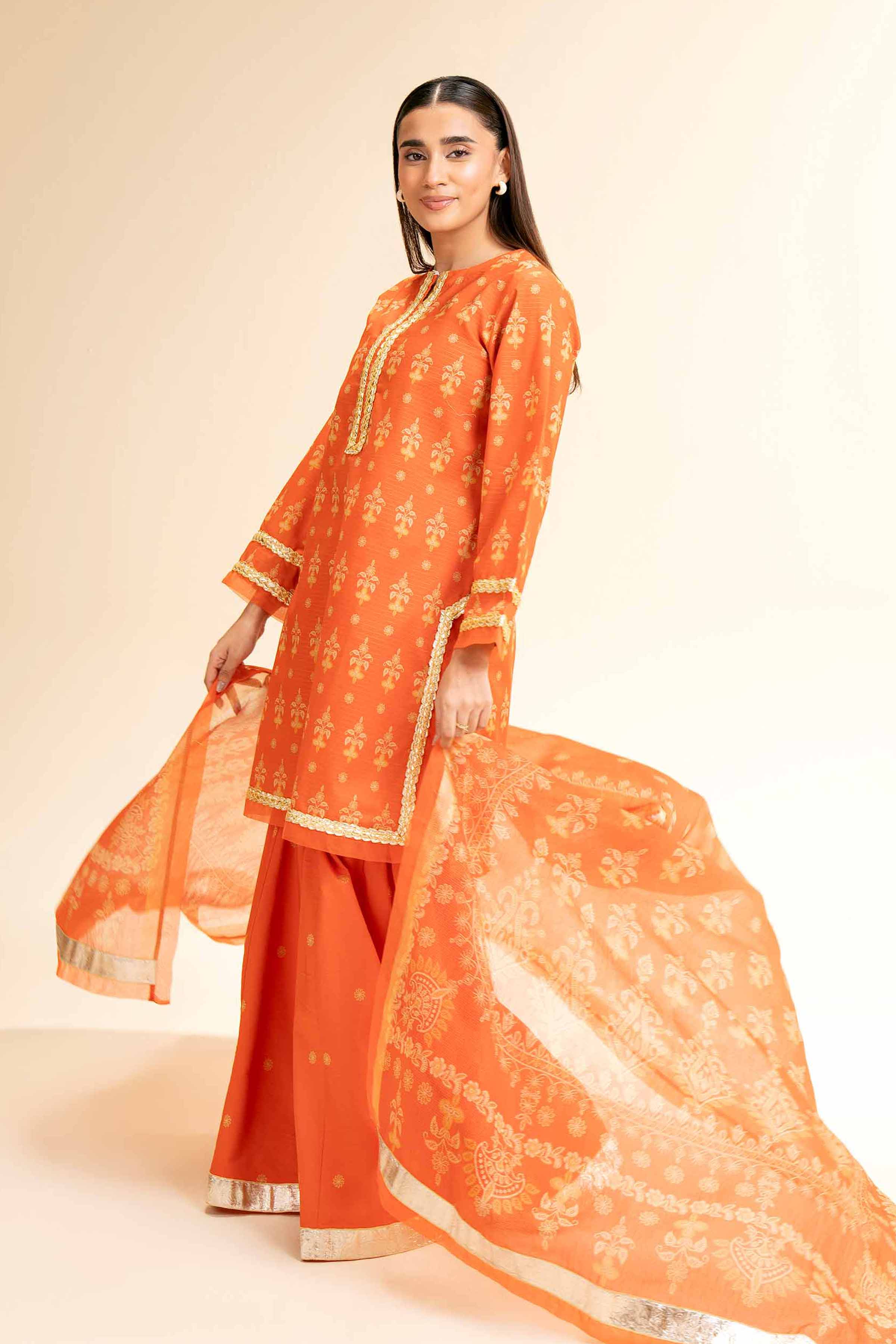 NishatUK - Orange Printed Lawn 3-piece unstitched Suit