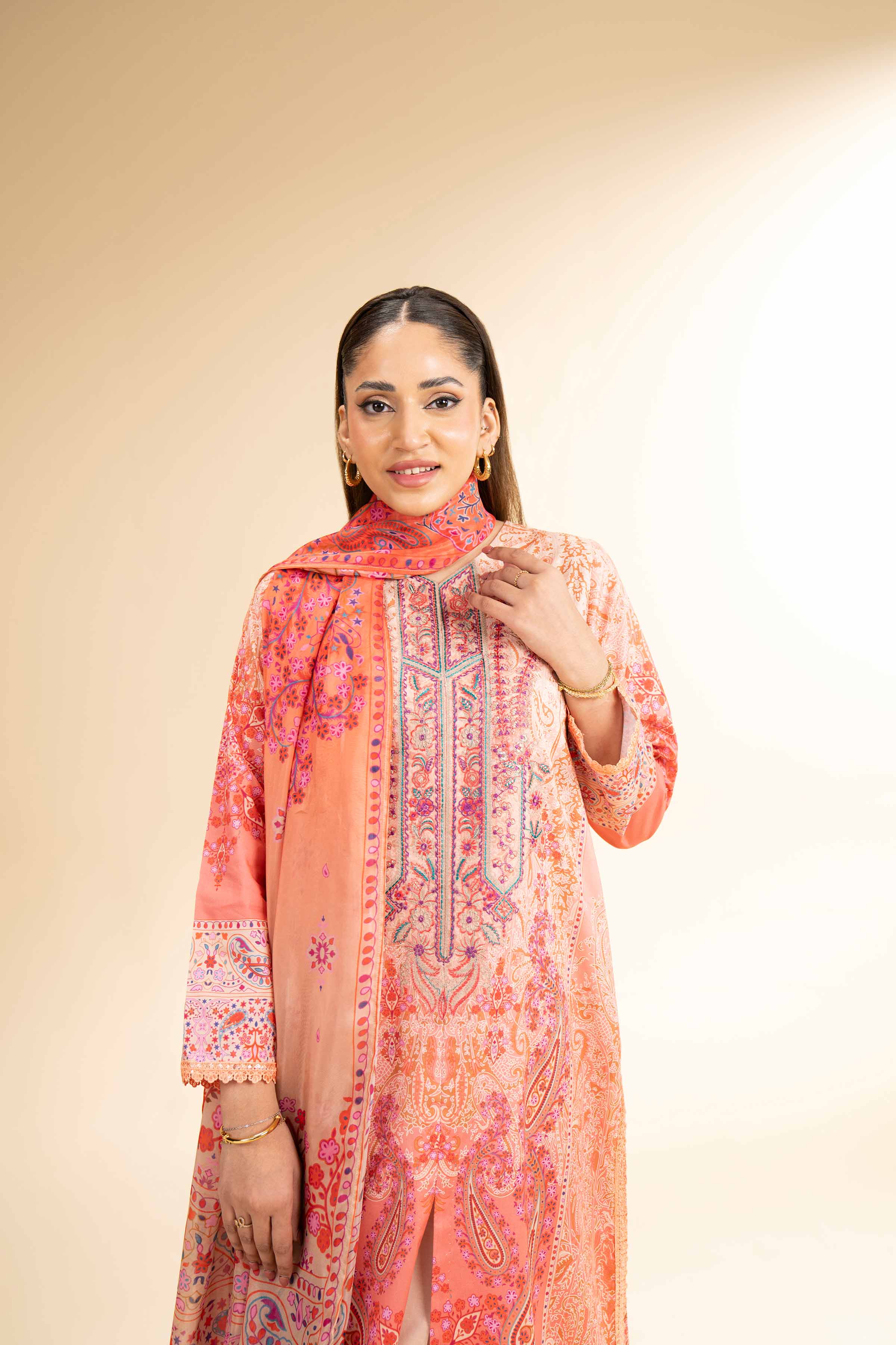 NishatUK - Orange Embroidered  Lawn 3-piece unstitched Suit