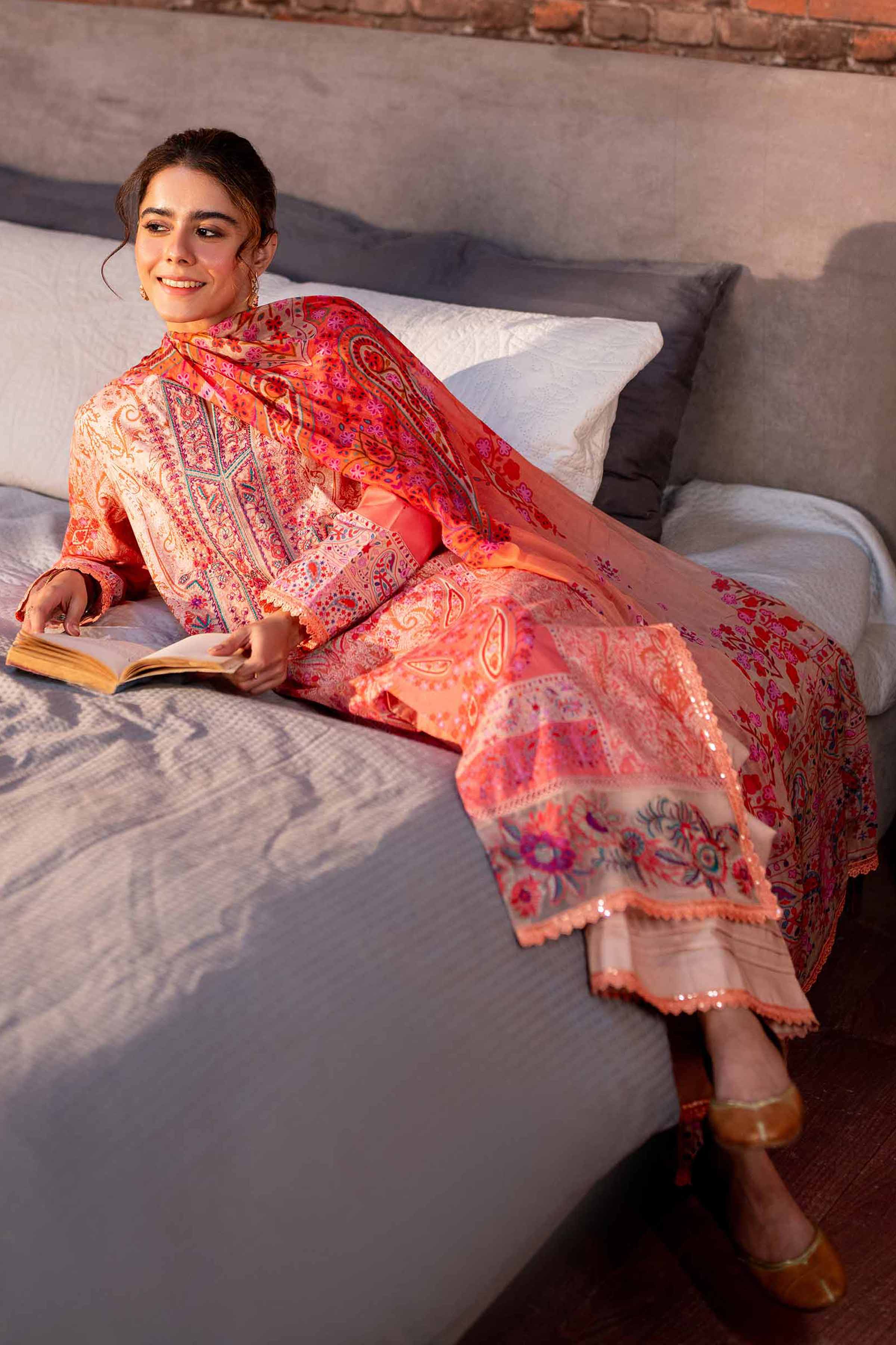 NishatUK - Orange Embroidered  Lawn 3-piece unstitched Suit