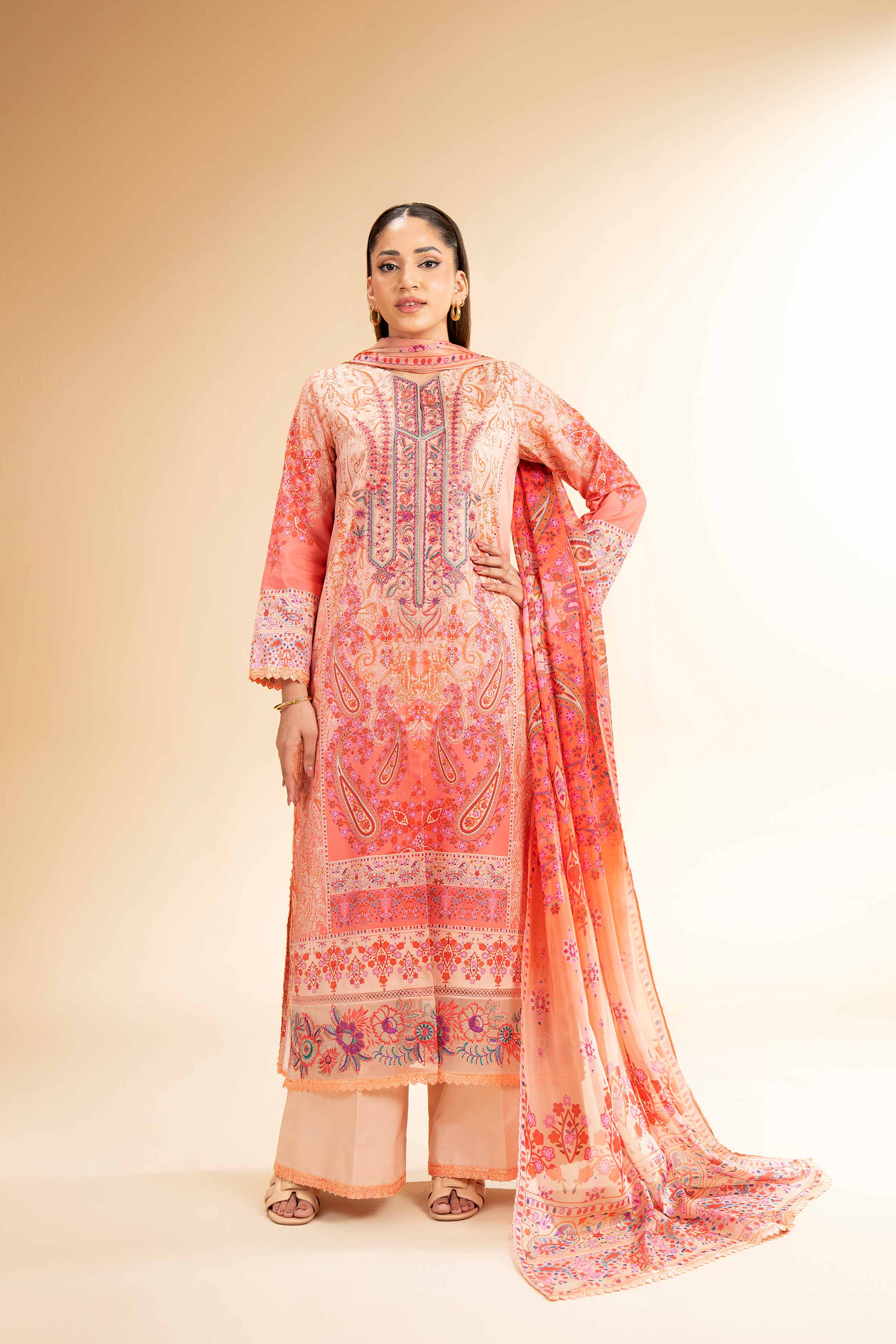 NishatUK - Orange Embroidered  Lawn 3-piece unstitched Suit