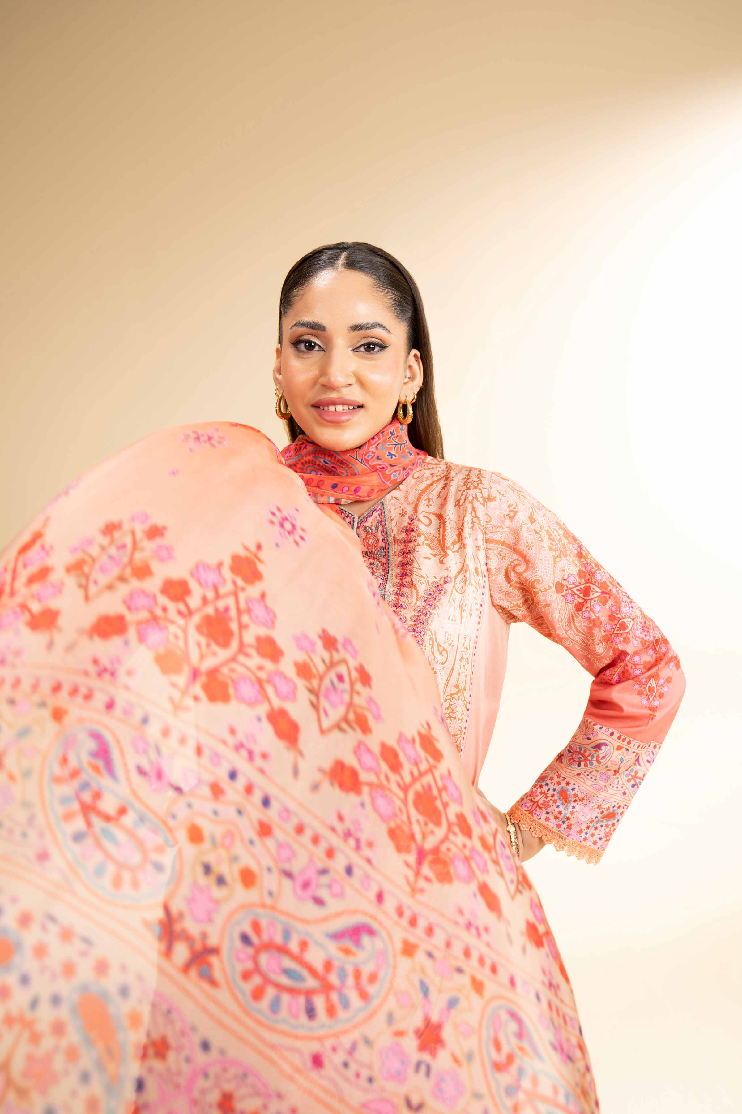 NishatUK - Orange Embroidered  Lawn 3-piece unstitched Suit