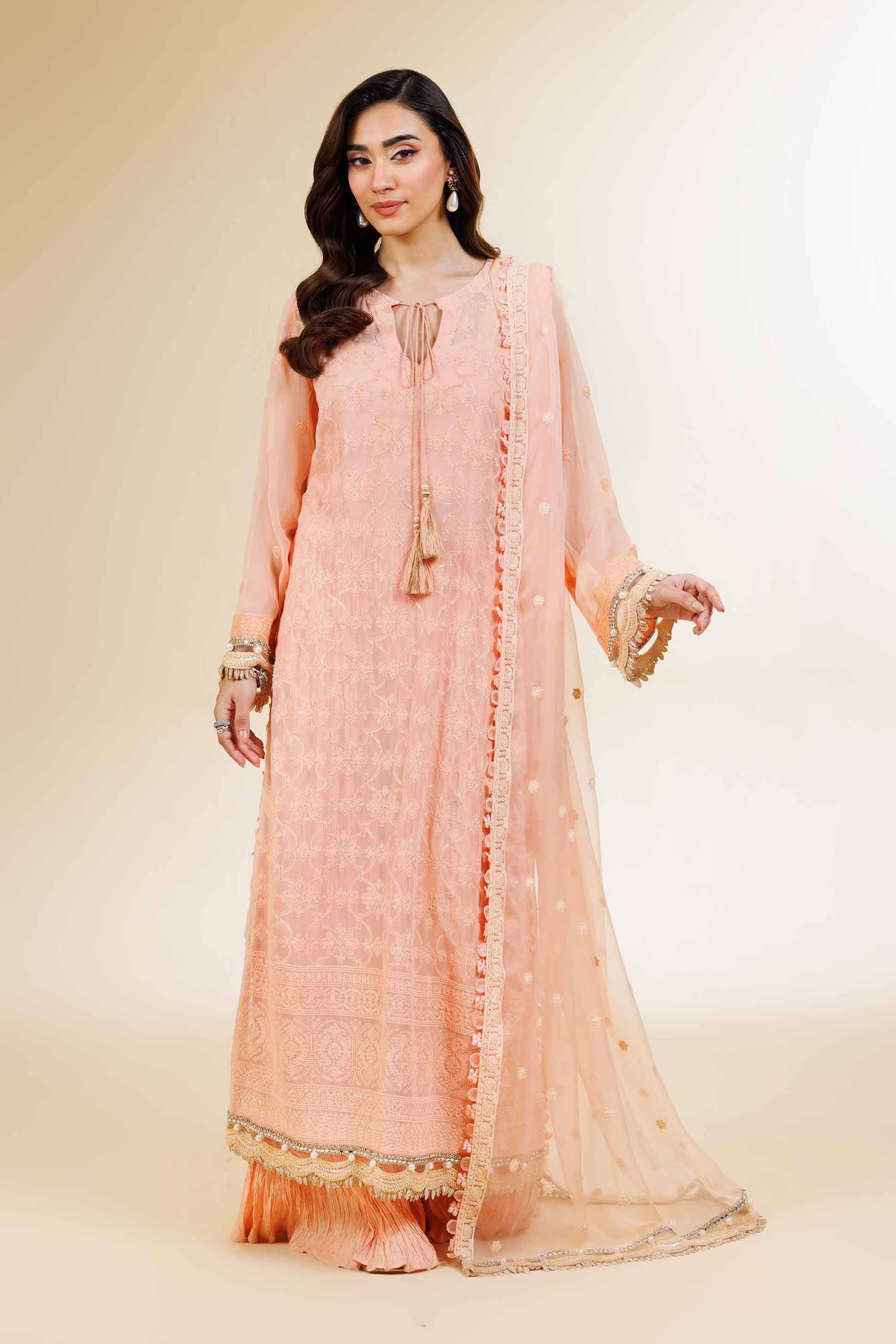 NishatUK - Peach Embroidered   Chicken Kari 3-piece unstitched Suit