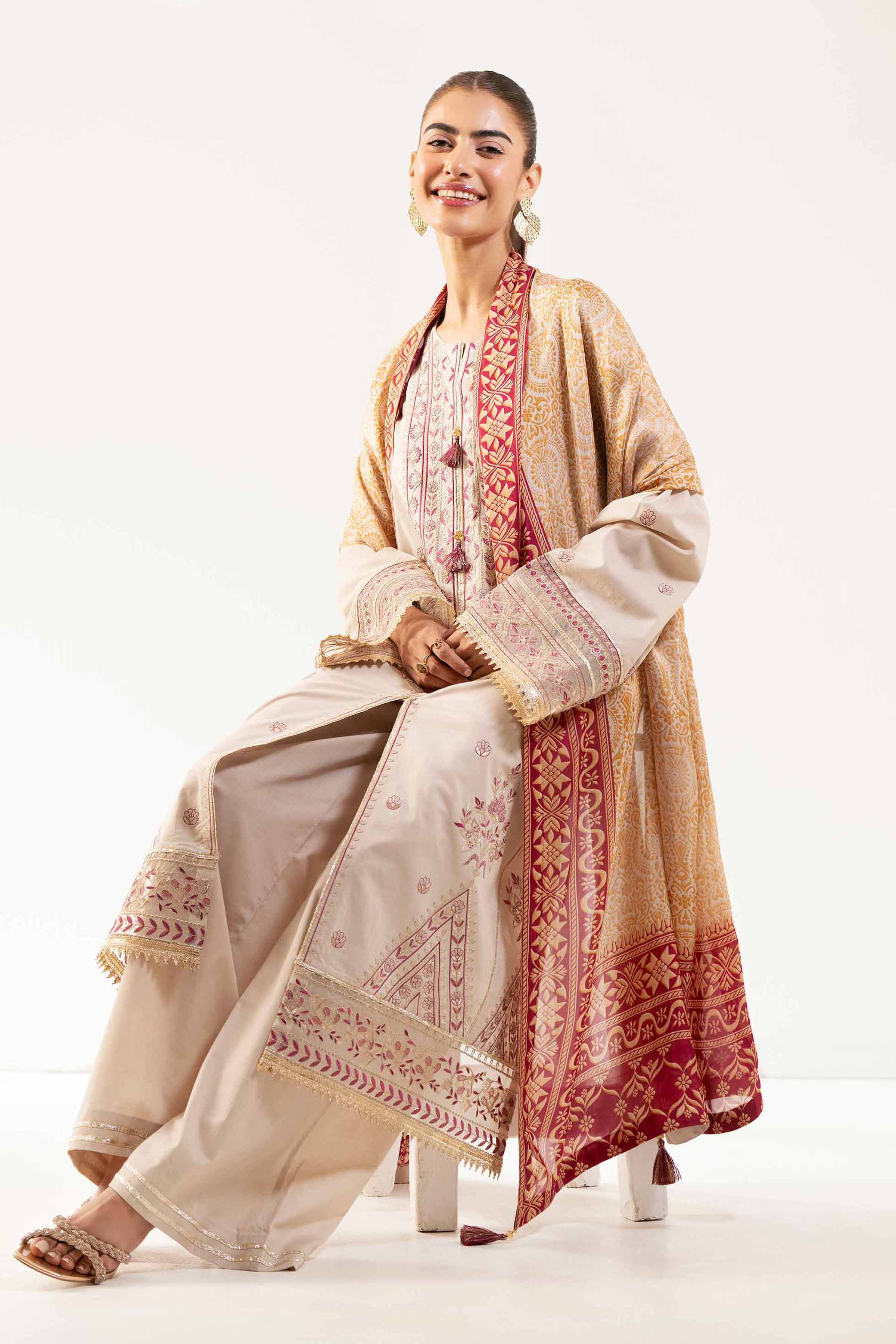 Nishat UK - Beige Embroidered Cambric 3 Pieces unstitched suit