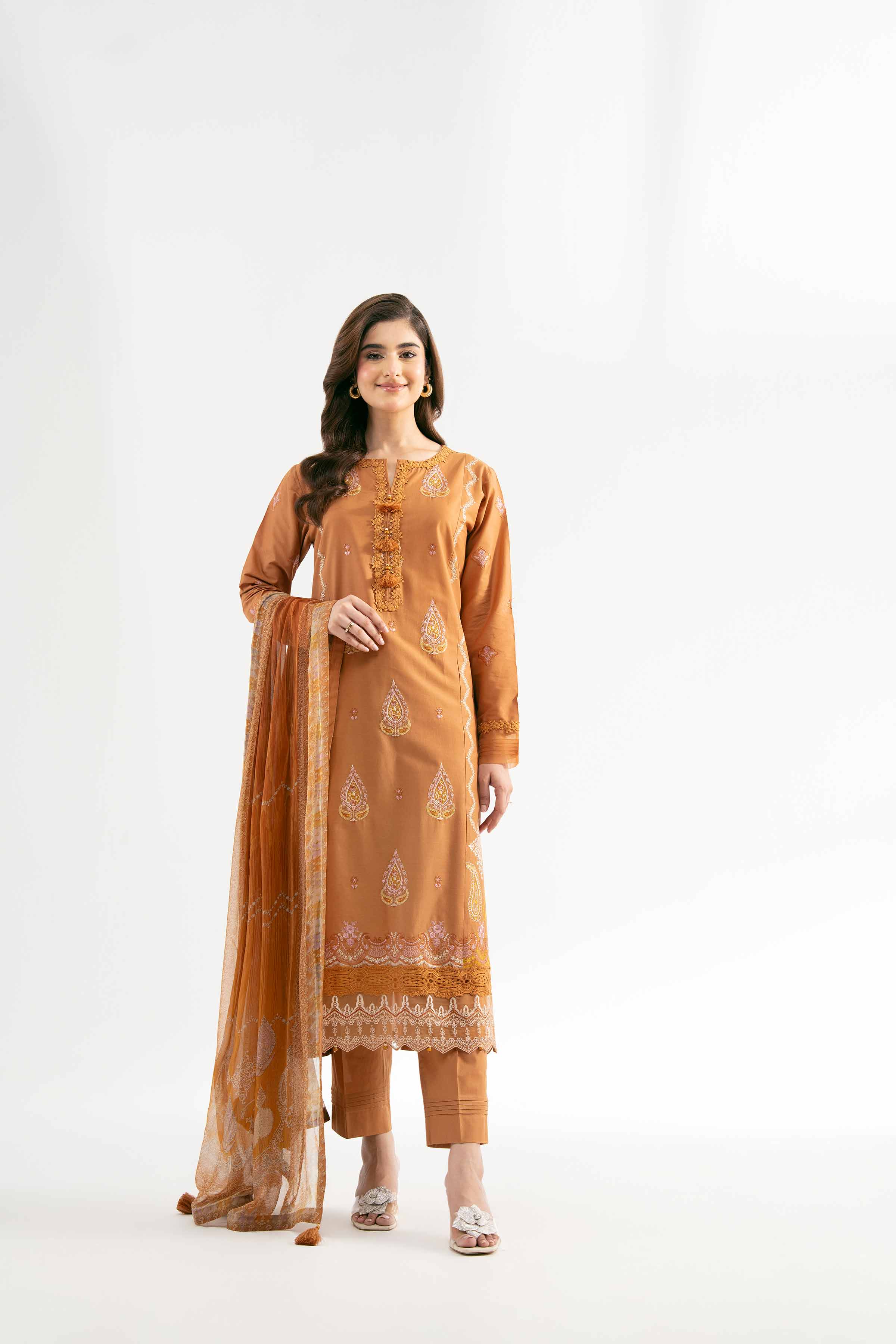 Nishat UK - Golden Brown Embroidered Cambric 3 Pieces unstitched suit