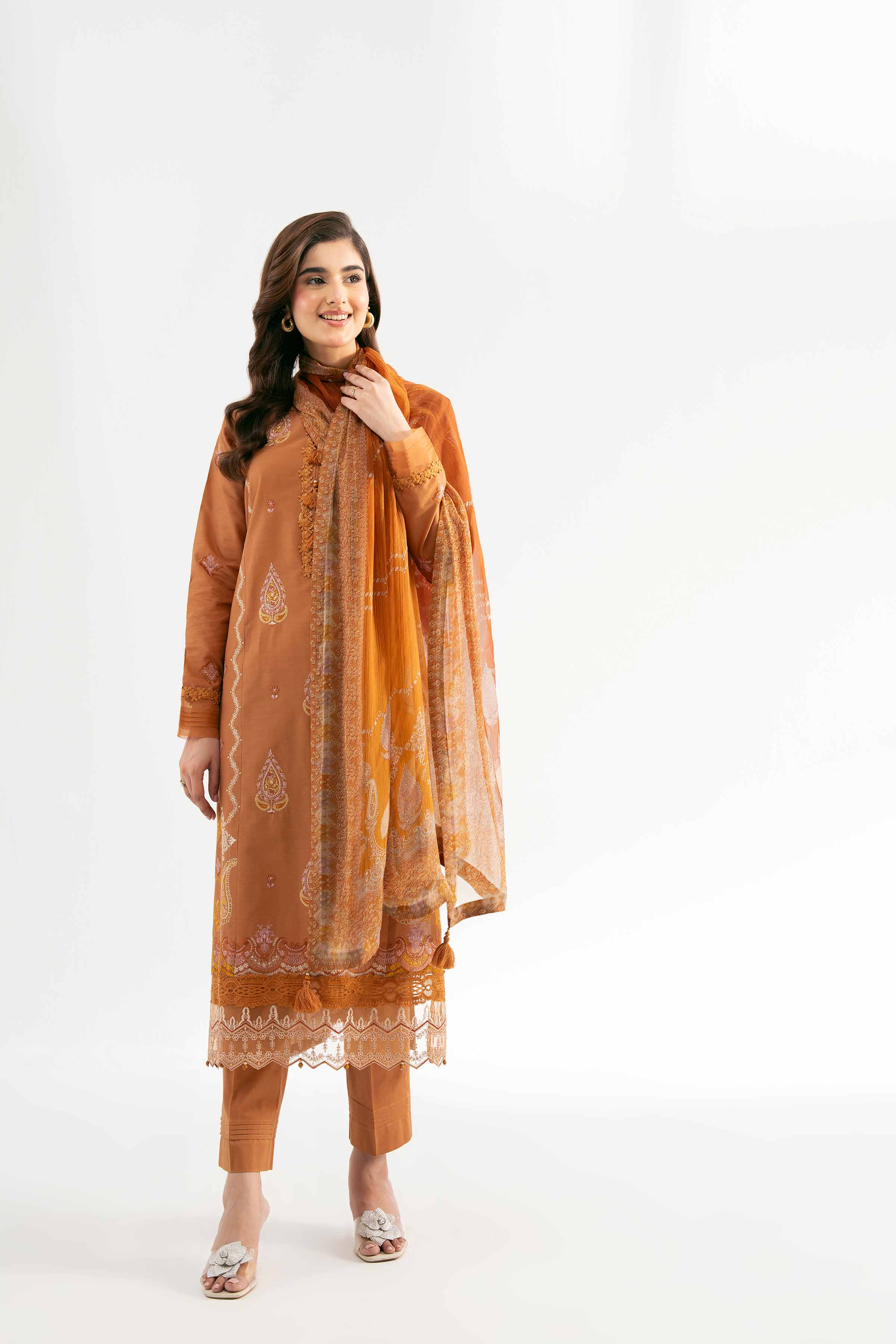 Nishat UK - Golden Brown Embroidered Cambric 3 Pieces unstitched suit