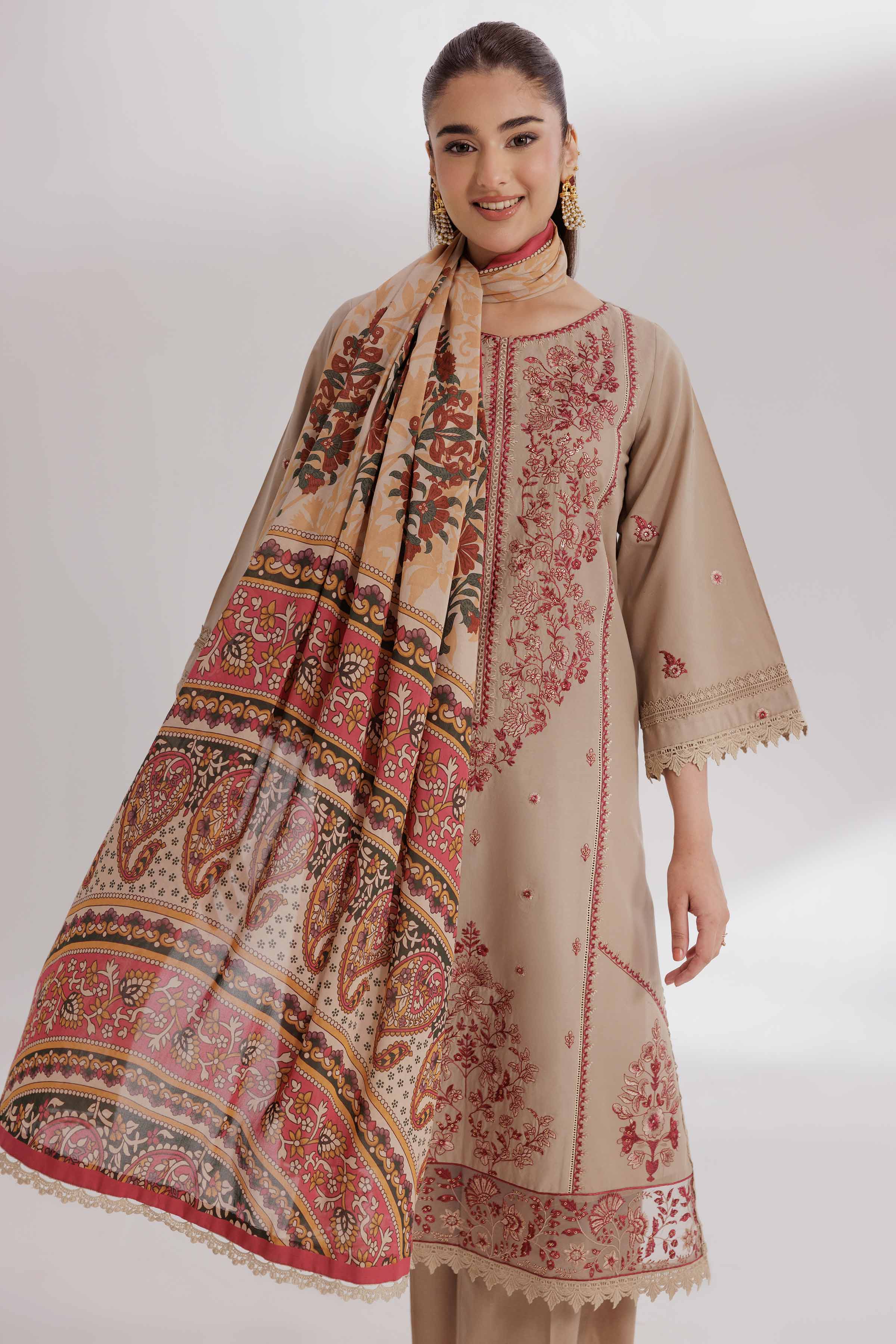 Nishat UK - Brown Embroidered Cambric 3 Pieces unstitched suit