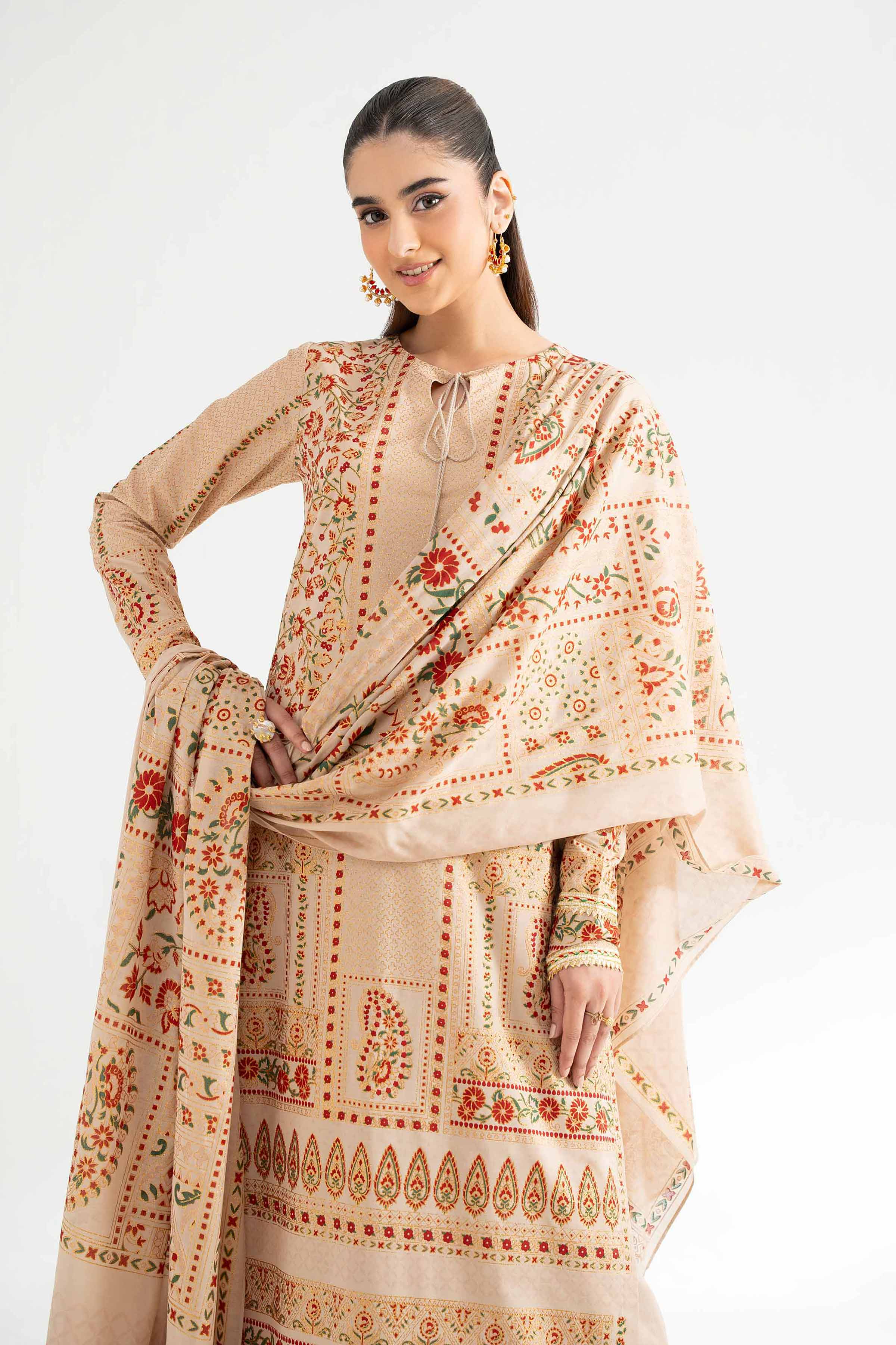 Nishat UK - Beige Printed Lawn 3 Pieces unstitched suit