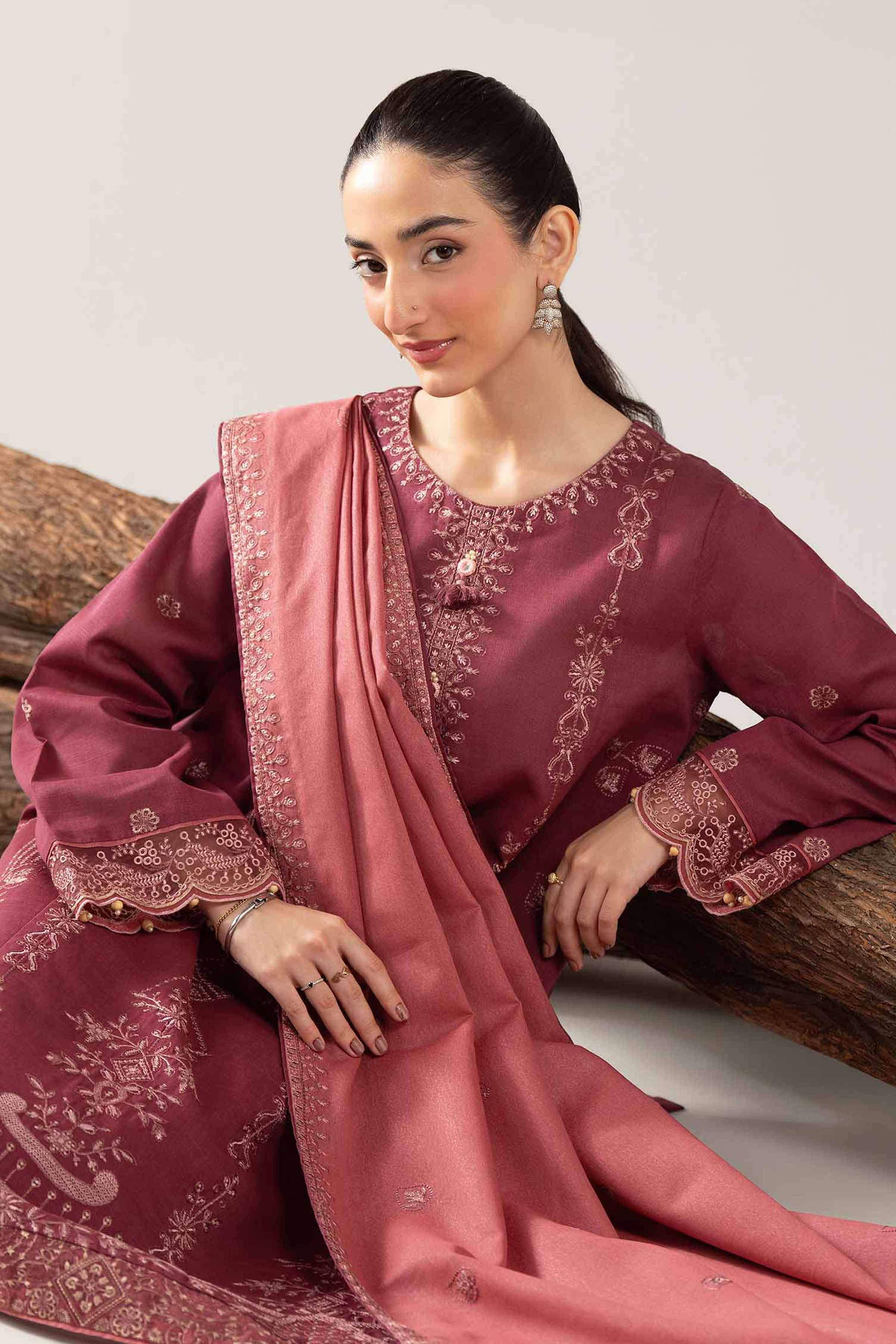 Nishat UK - Maroon Embroidered Khaddar 3 Pieces unstitched suit