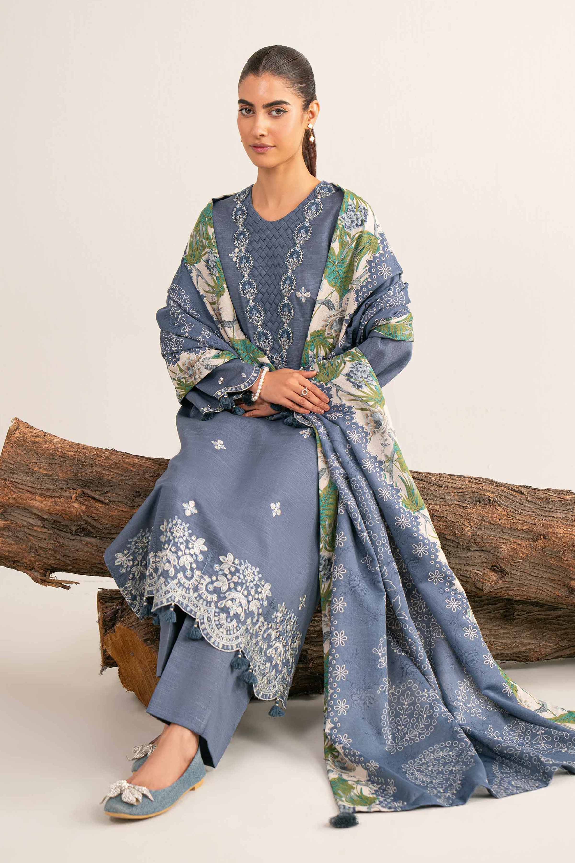 Nishat UK - Blue Embroidered Khaddar 3 Pieces unstitched suit