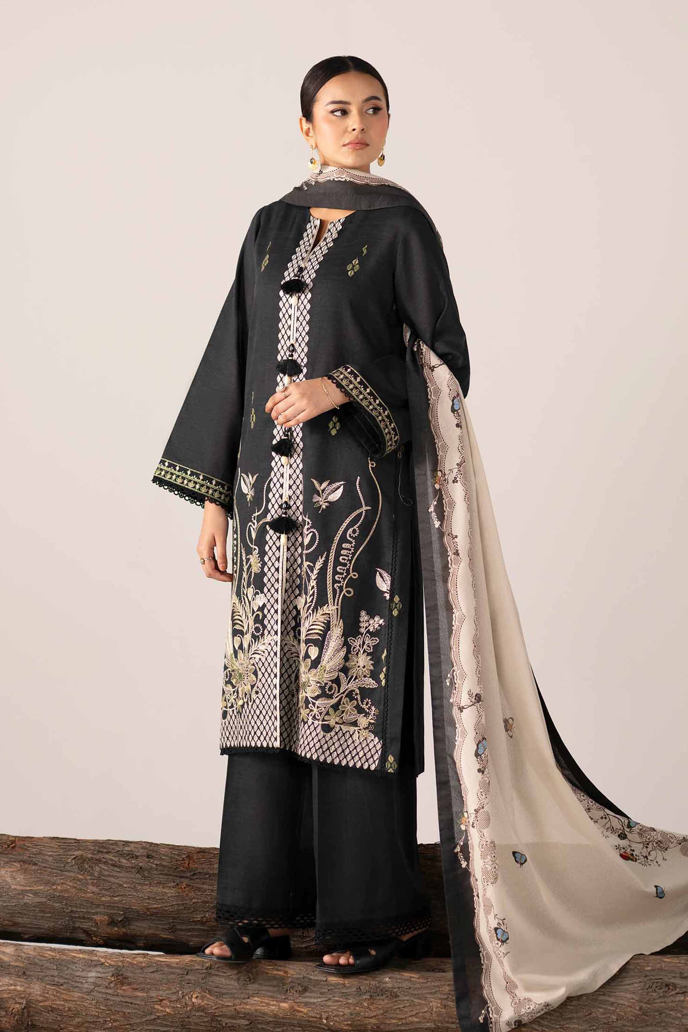 Nishat UK - Black Embroidered Khaddar 3 Pieces unstitched suit