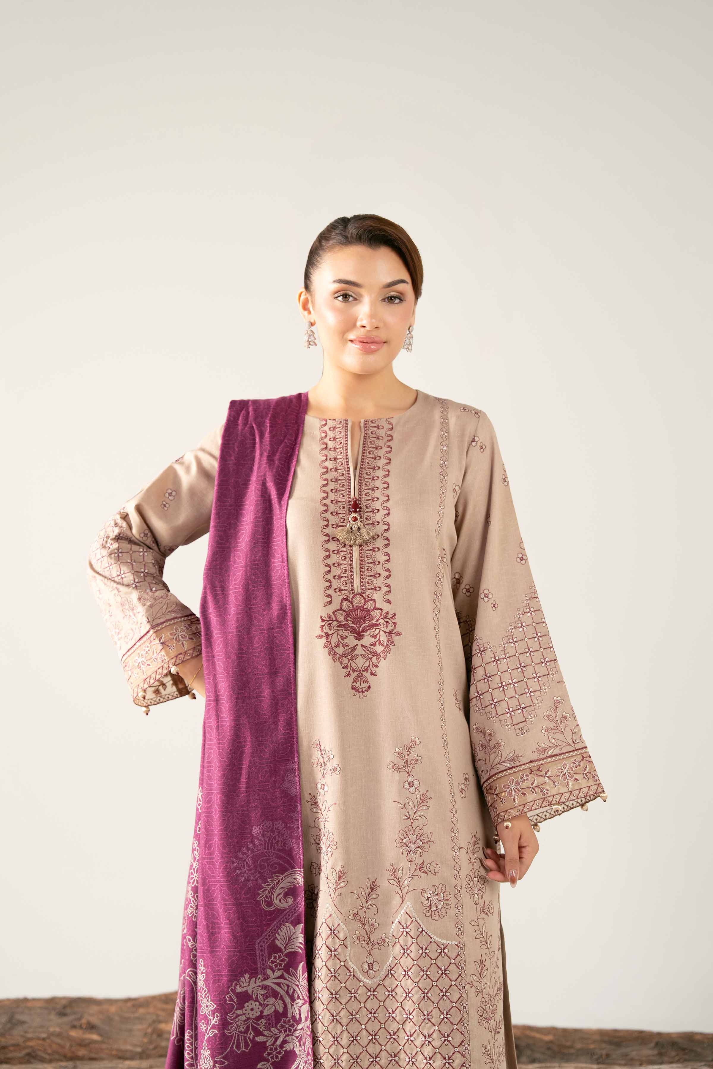 Nishat UK - Beige Embroidered Karandi 3 Pieces unstitched suit