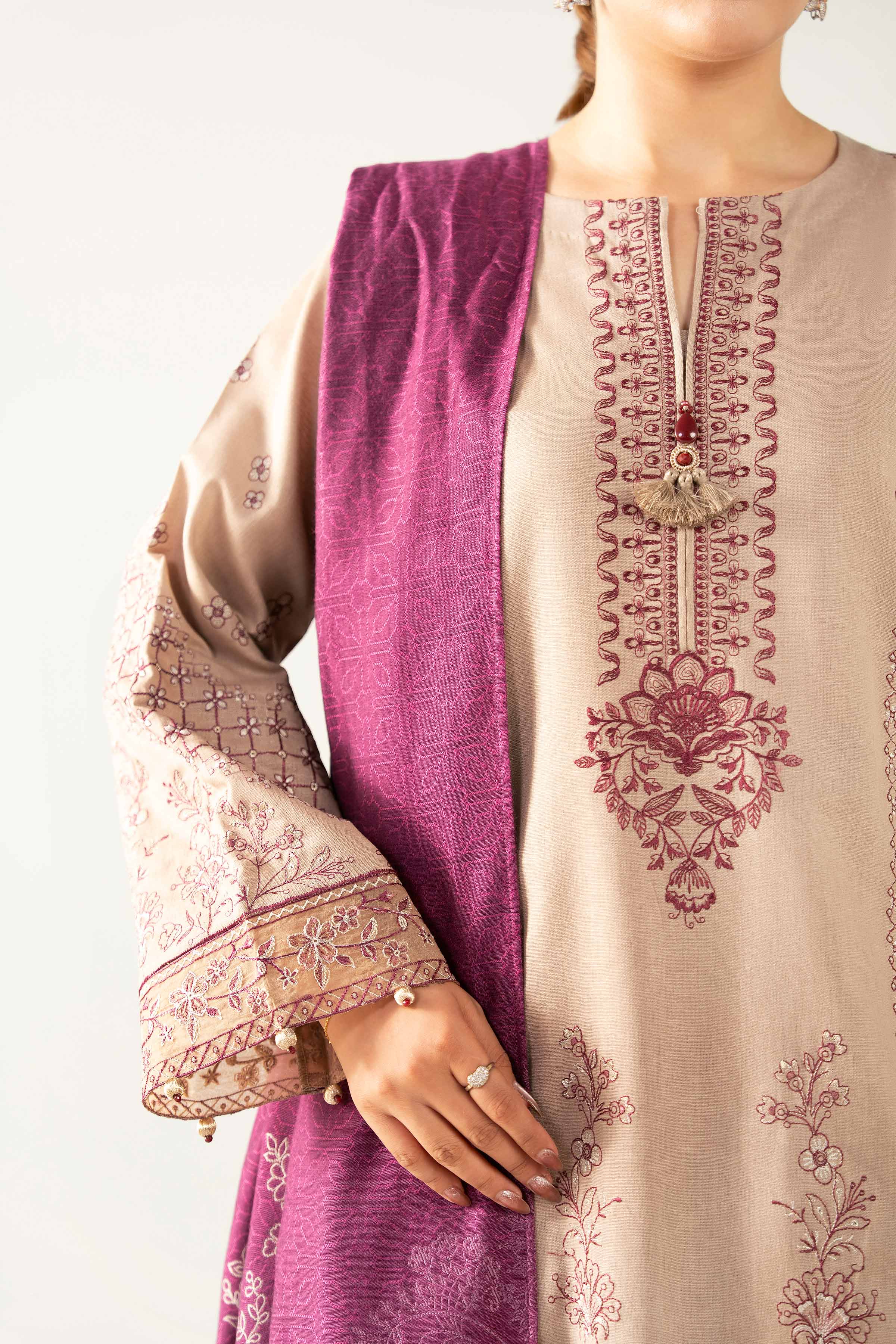 Nishat UK - Beige Embroidered Karandi 3 Pieces unstitched suit