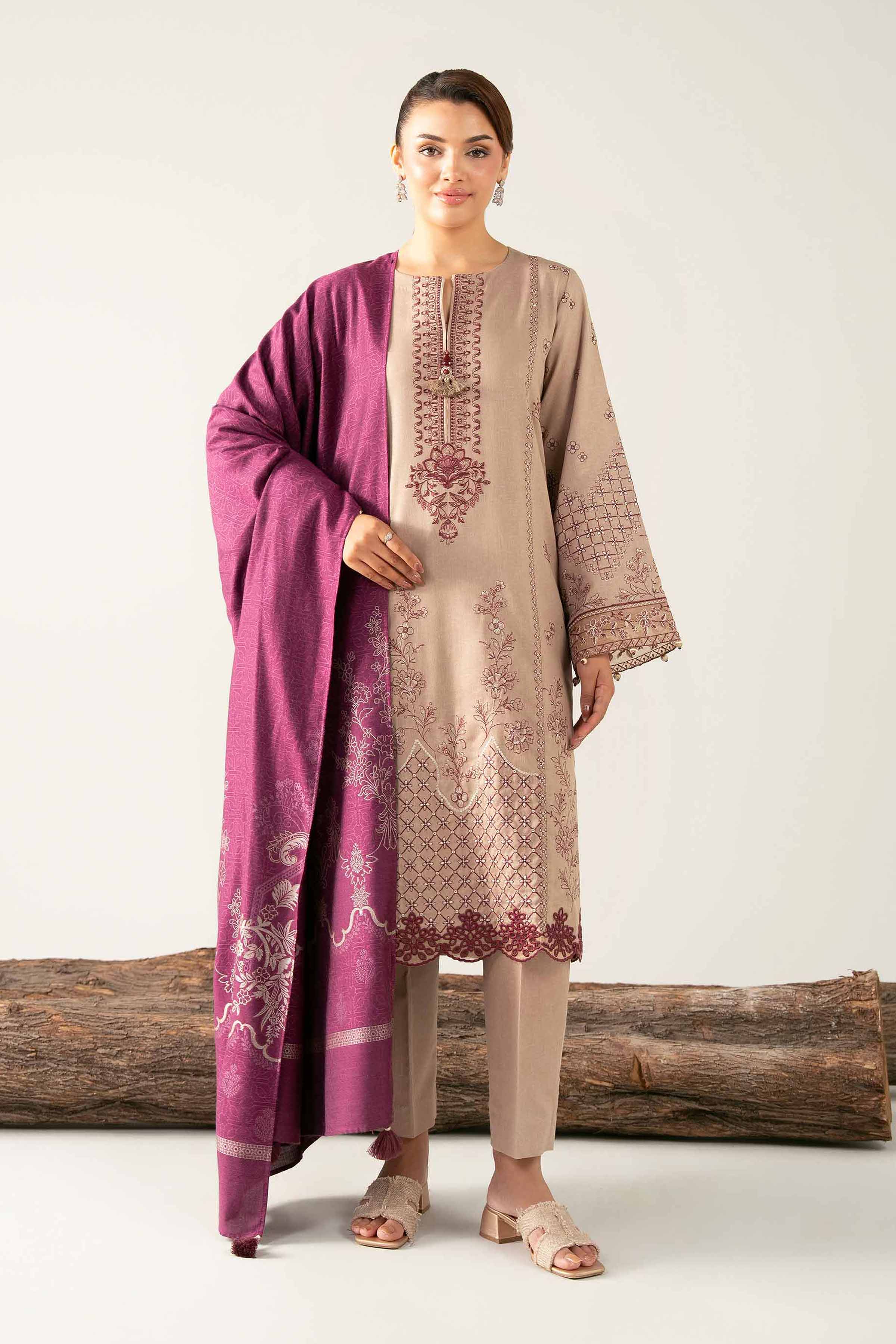 Nishat UK - Beige Embroidered Karandi 3 Pieces unstitched suit