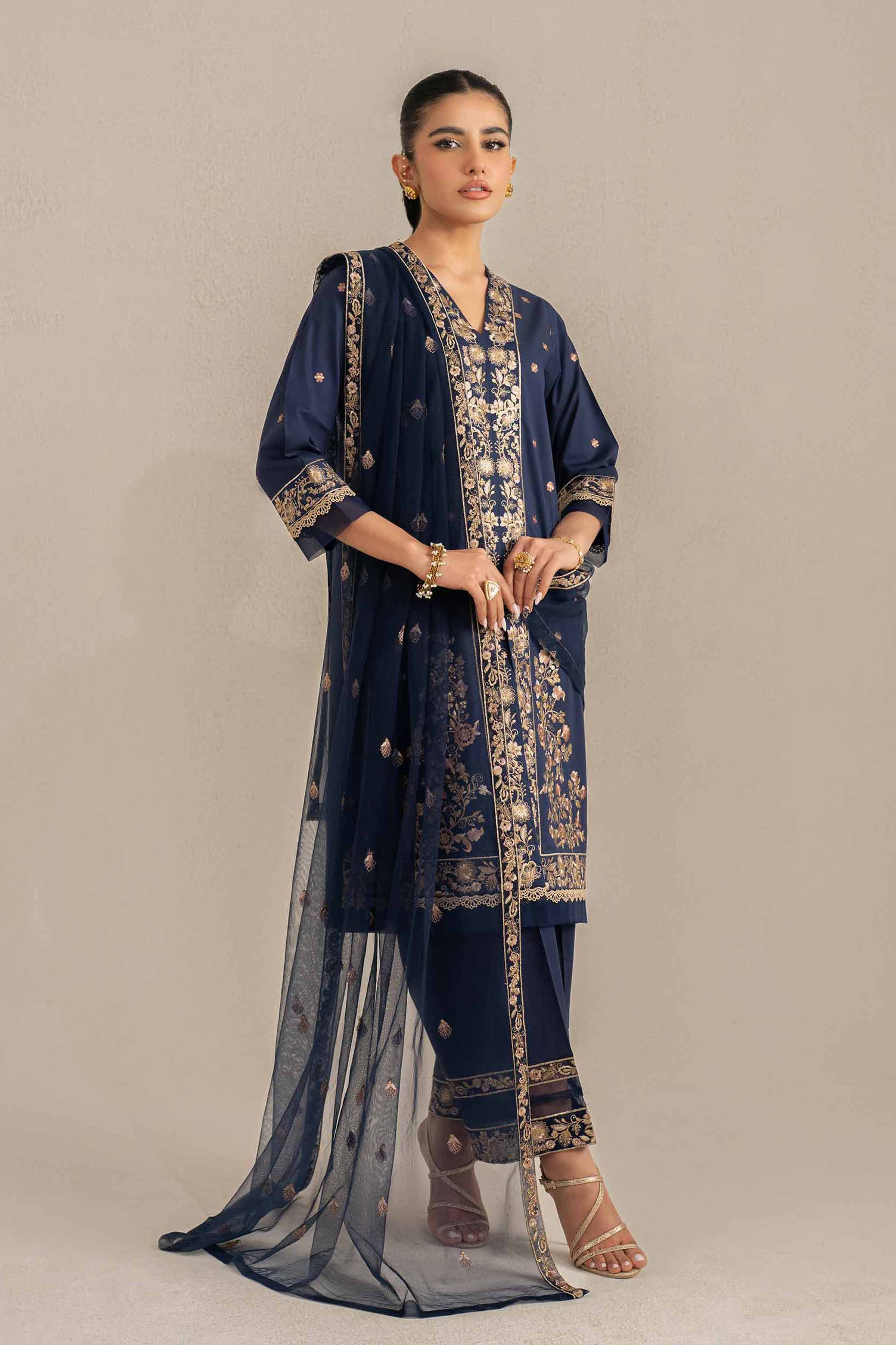 NishatUK - Blue Embroidered   Cambric 3-piece unstitched Suit