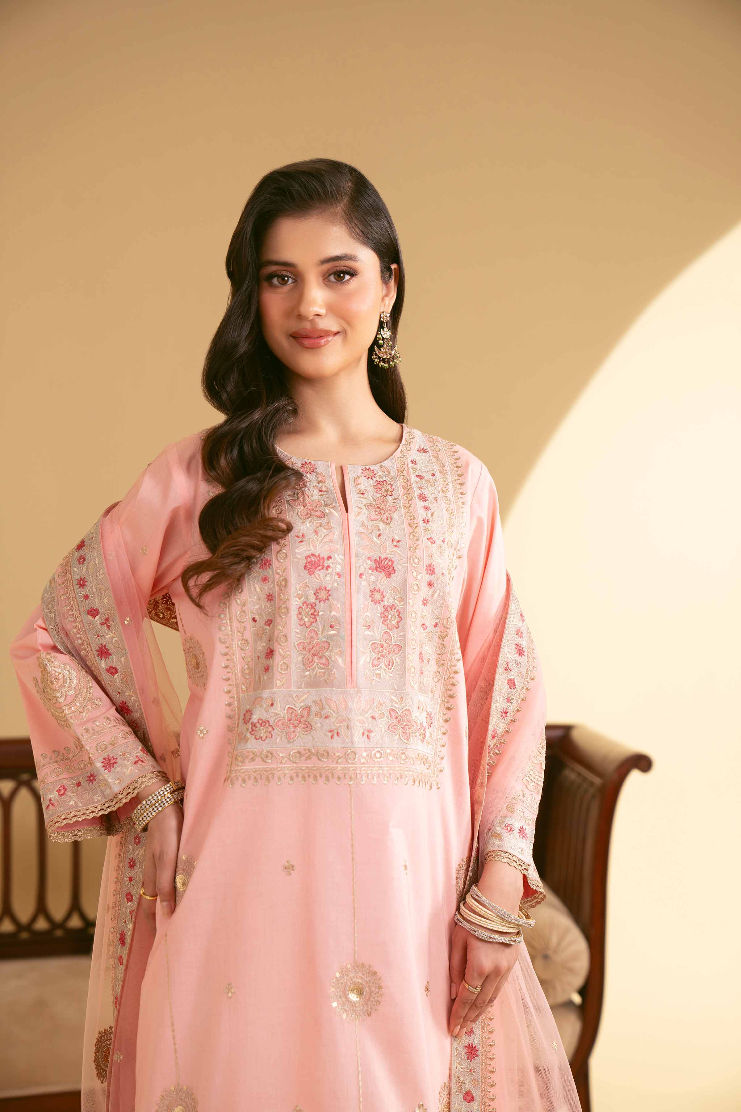 NishatUK - Powder Pink Embroidered   Cambric 3-piece unstitched Suit