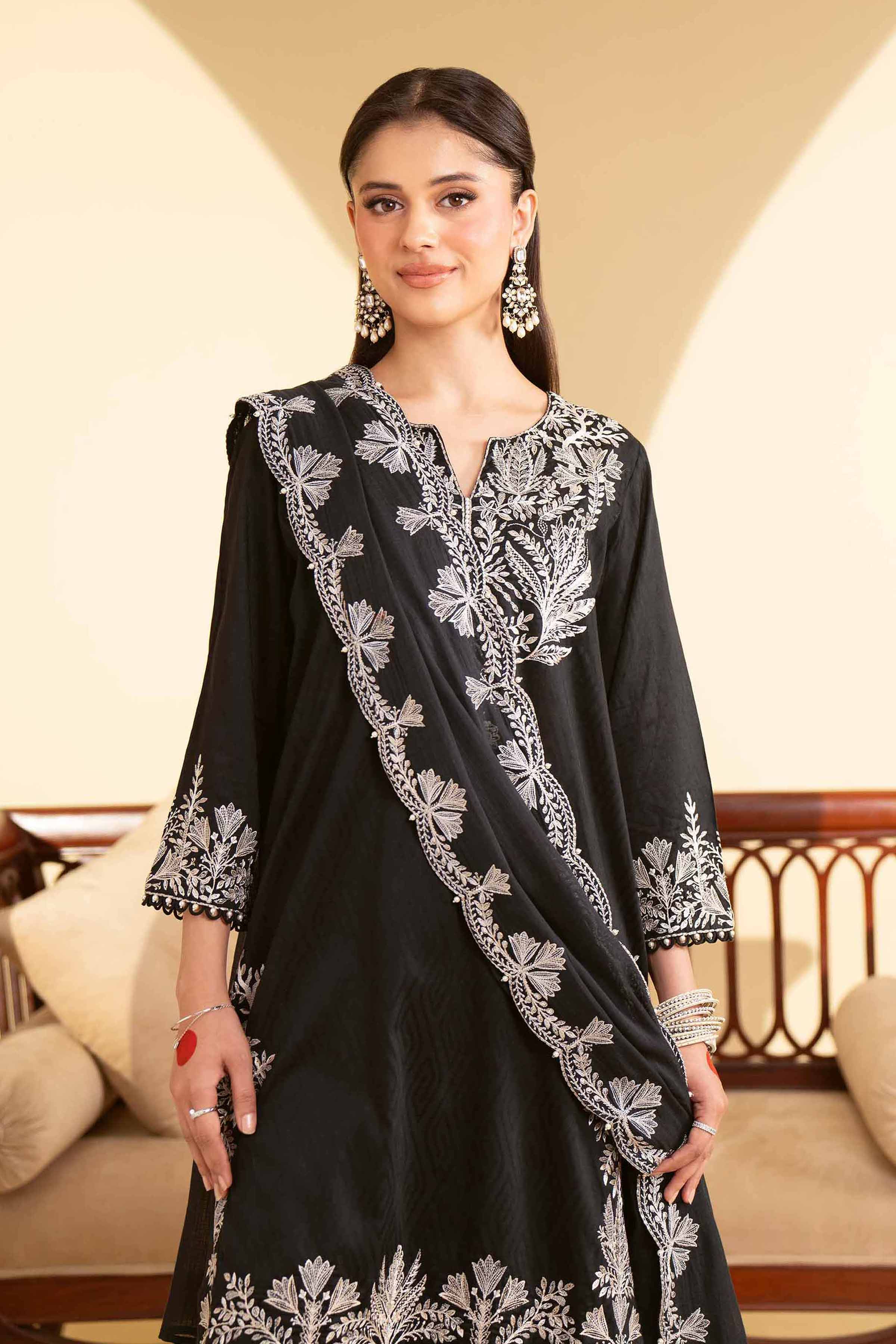 Buy Black Embroidered Jacquard 3-piece unstitched Suit