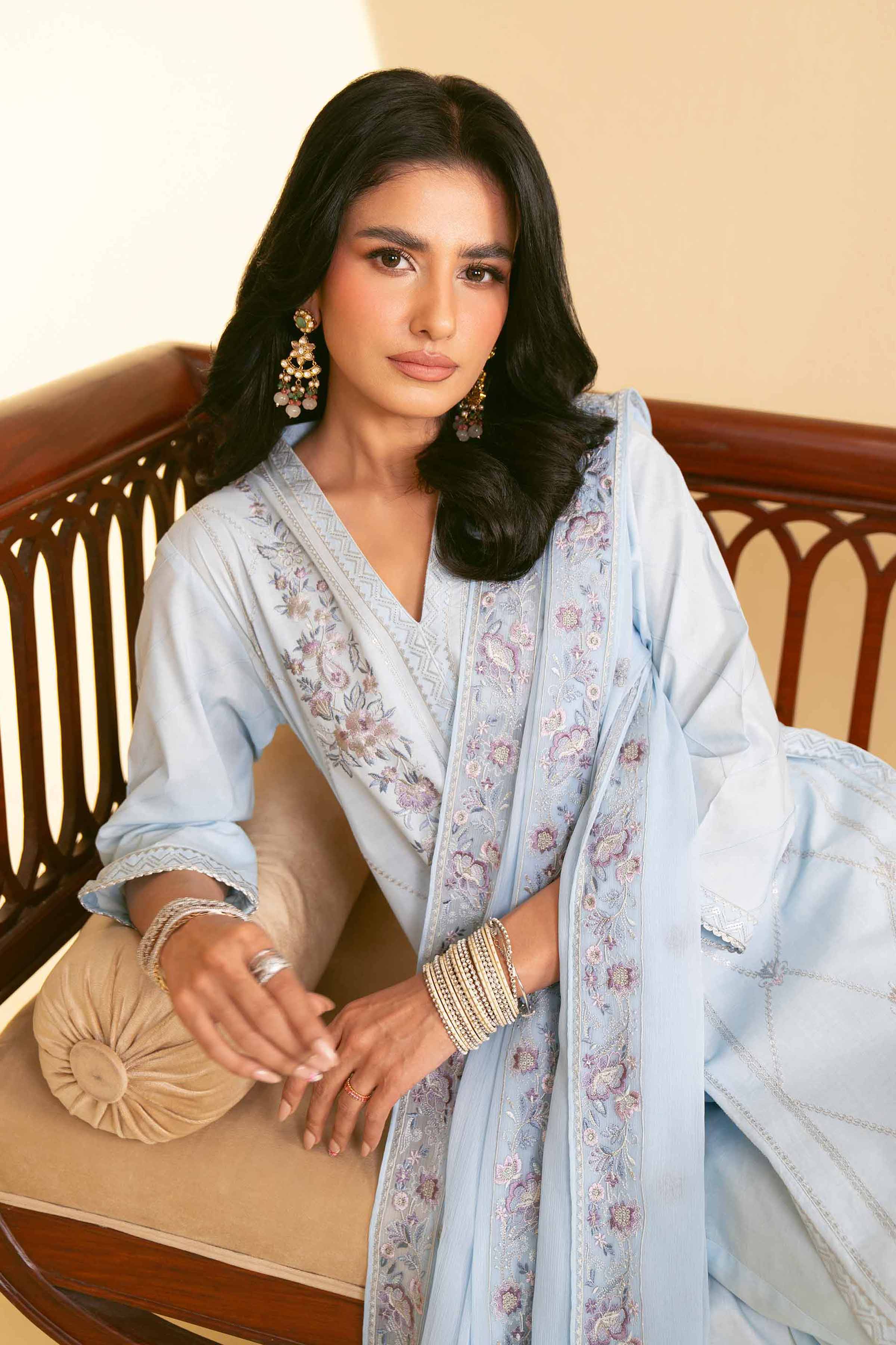 NishatUK - Sky Blue Embroidered   Cambric 3-piece unstitched Suit