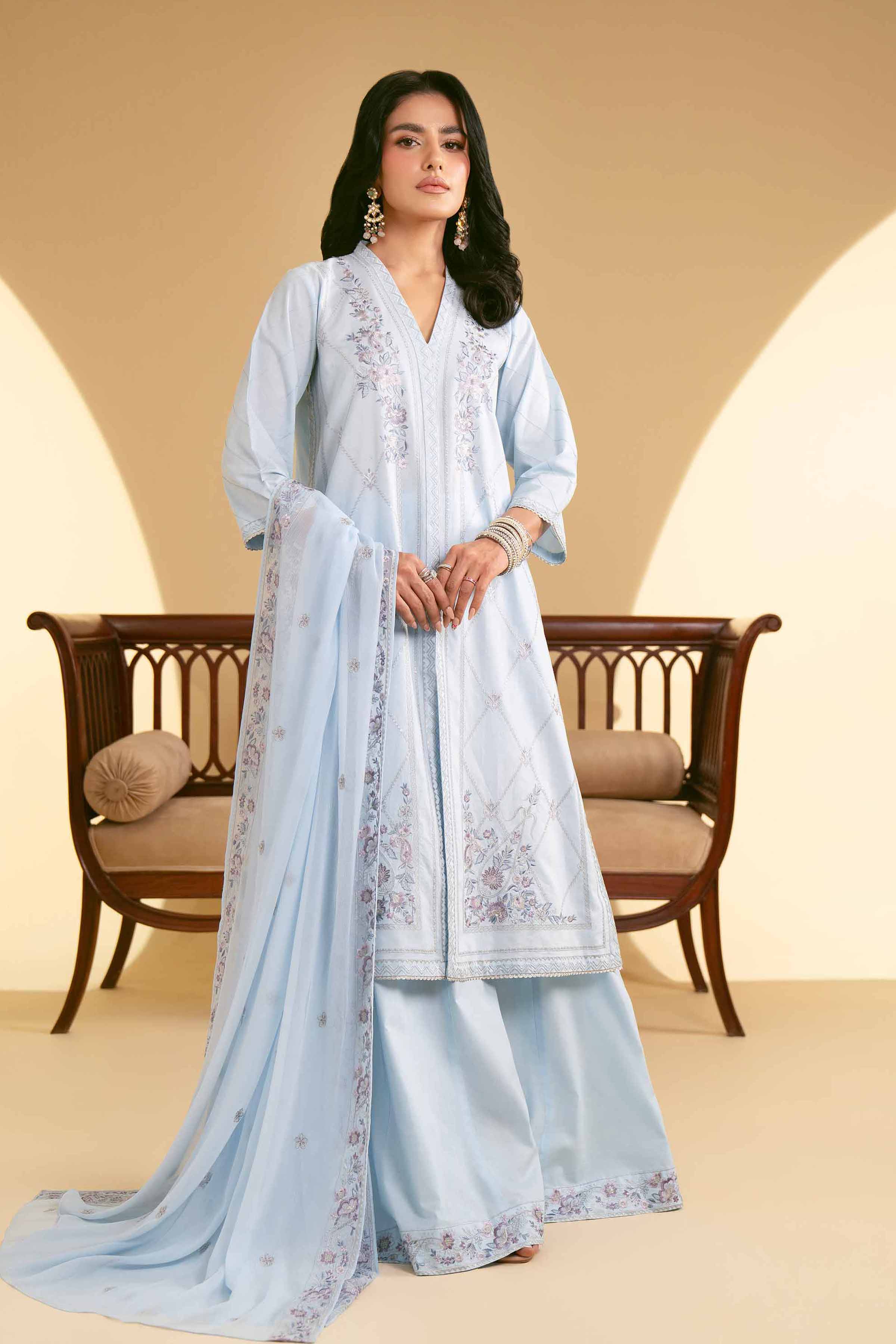 NishatUK - Sky Blue Embroidered   Cambric 3-piece unstitched Suit