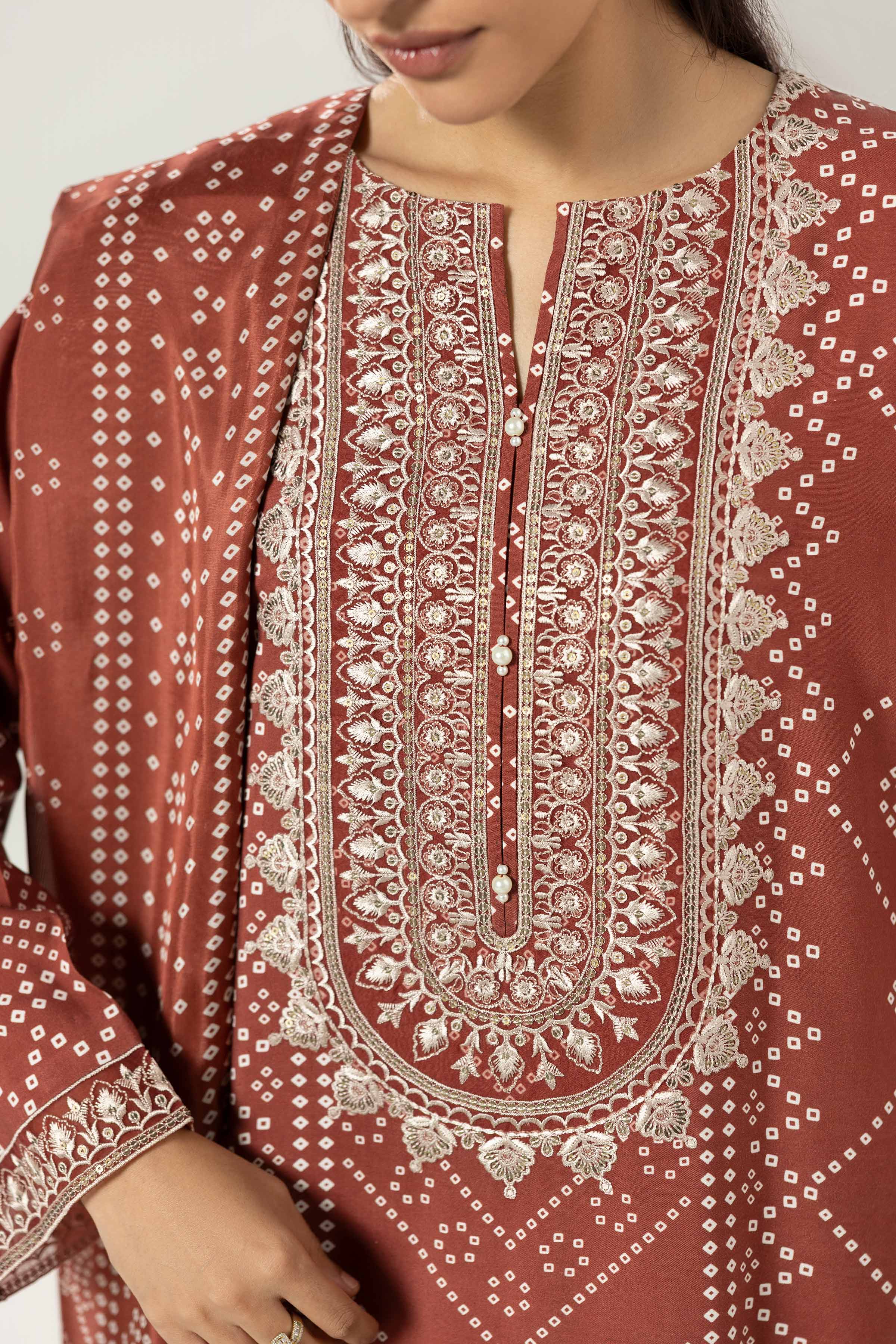 Nishat UK - Red Embroidered Silk 3 Pieces unstitched suit