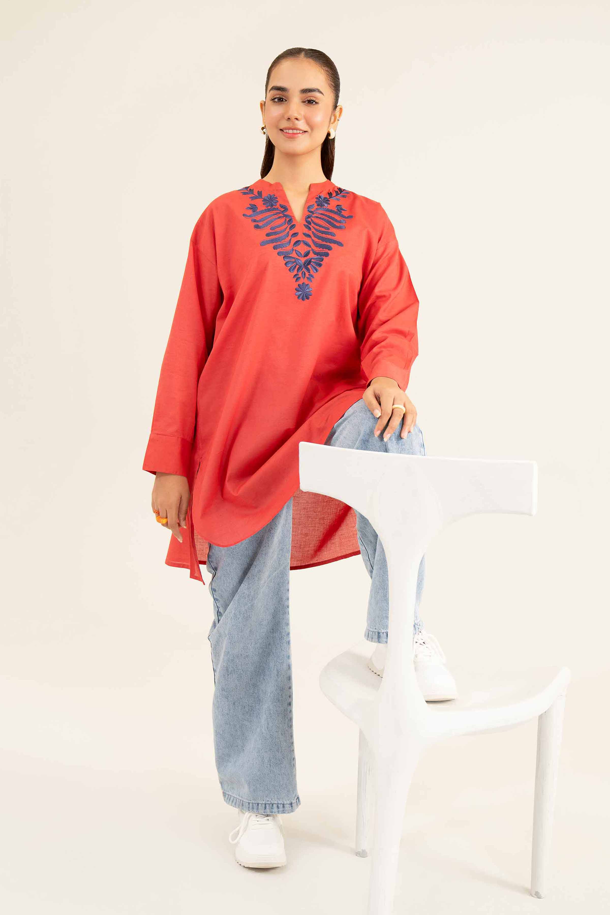 NishatUK - Red Embroidered  Lawn 1-piece ready to wear Tunic