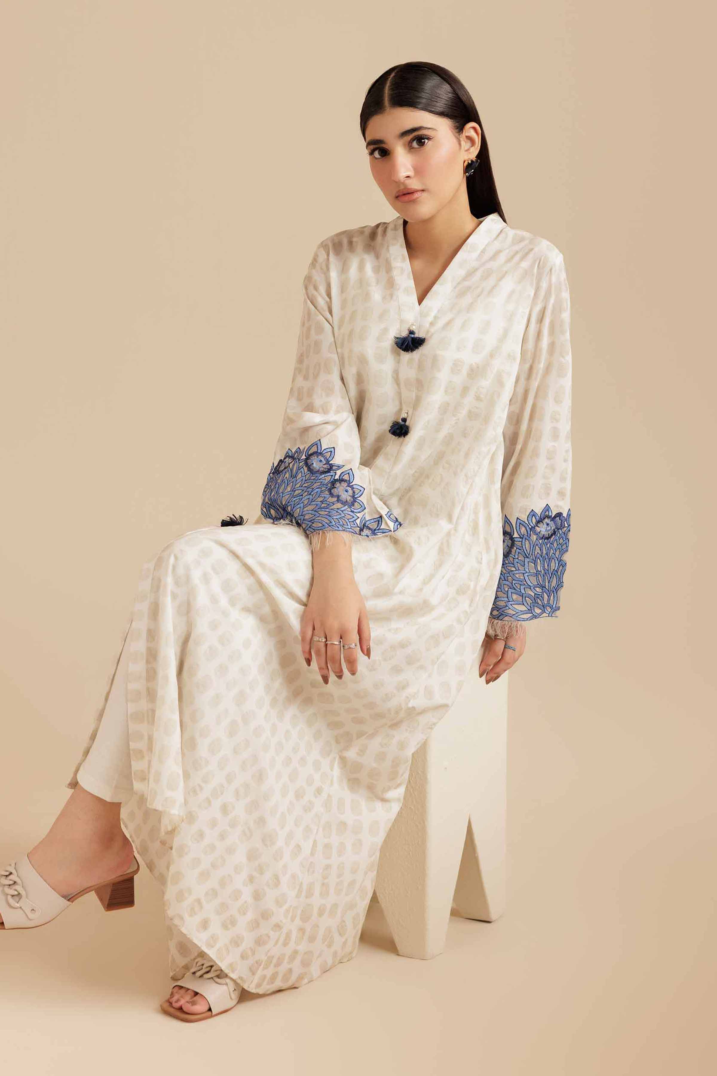 NishatUK - White Embroidered Burnout 1-piece ready to wear Long Dress