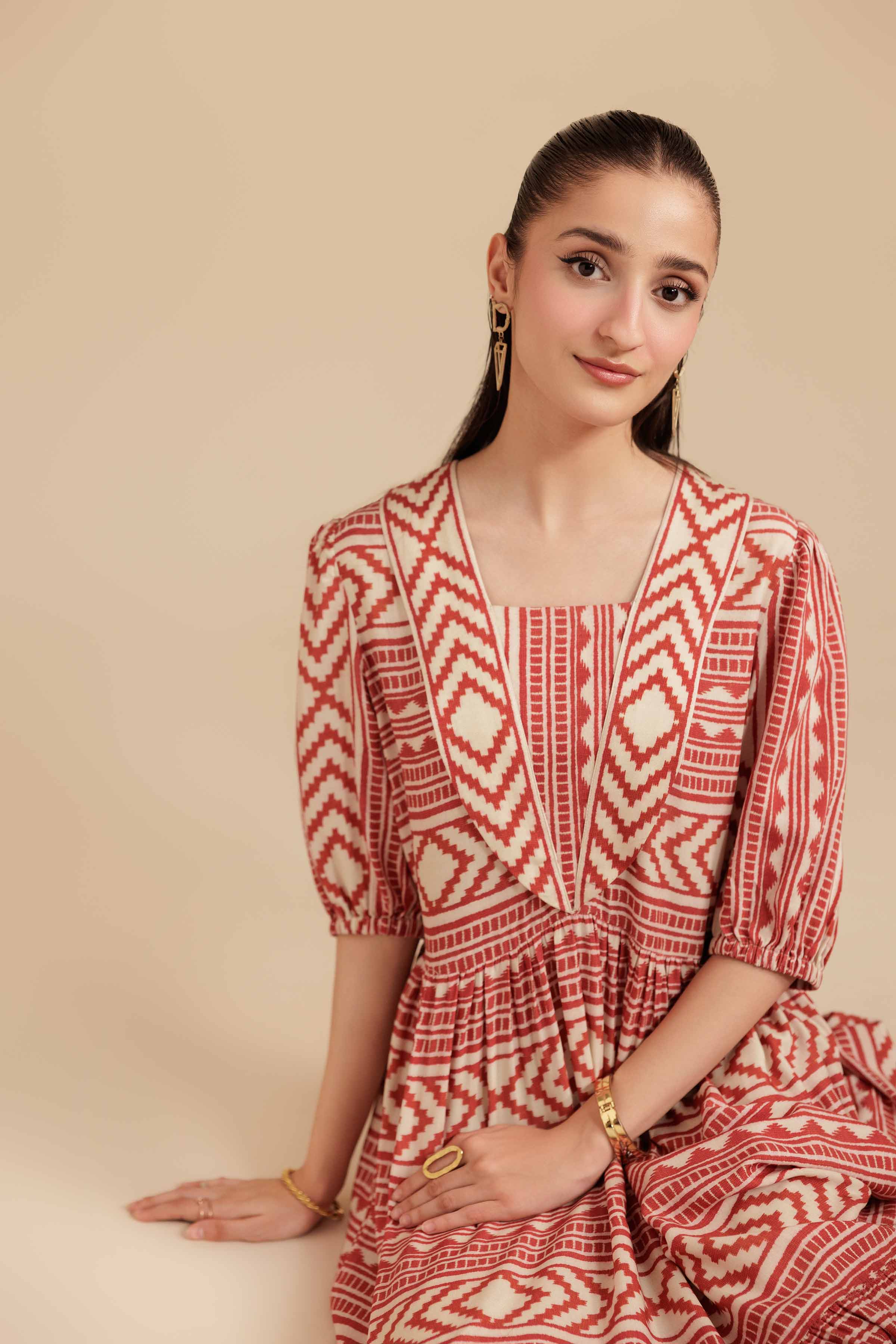 NishatUK - Beige Printed Lawn 1-piece ready to wear Long Dress