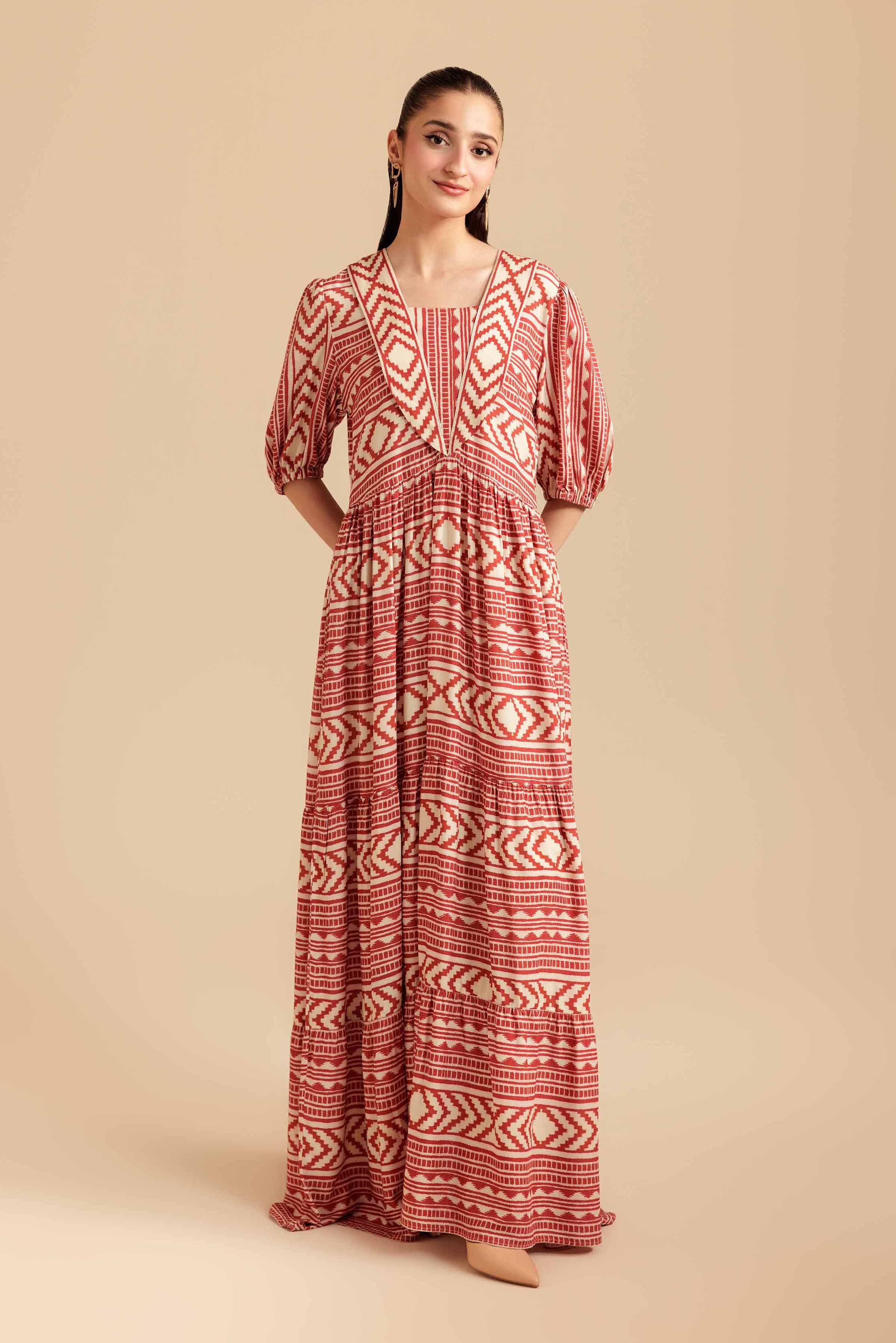 NishatUK - Beige Printed Lawn 1-piece ready to wear Long Dress