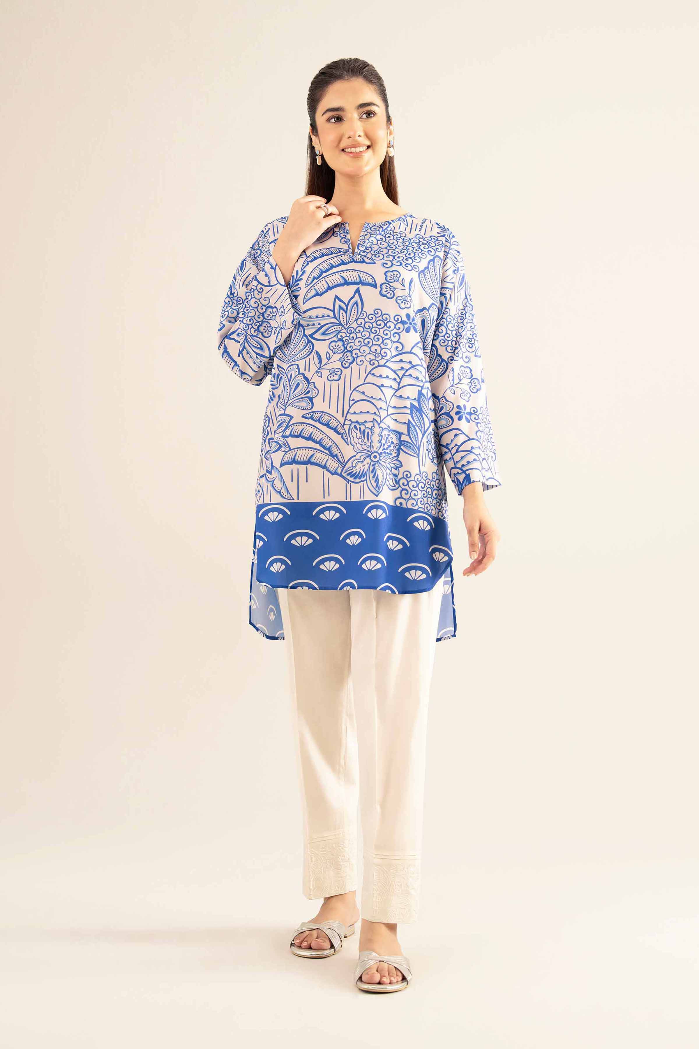 NishatUK - Blue Printed Silk 1-piece ready to wear Tunic