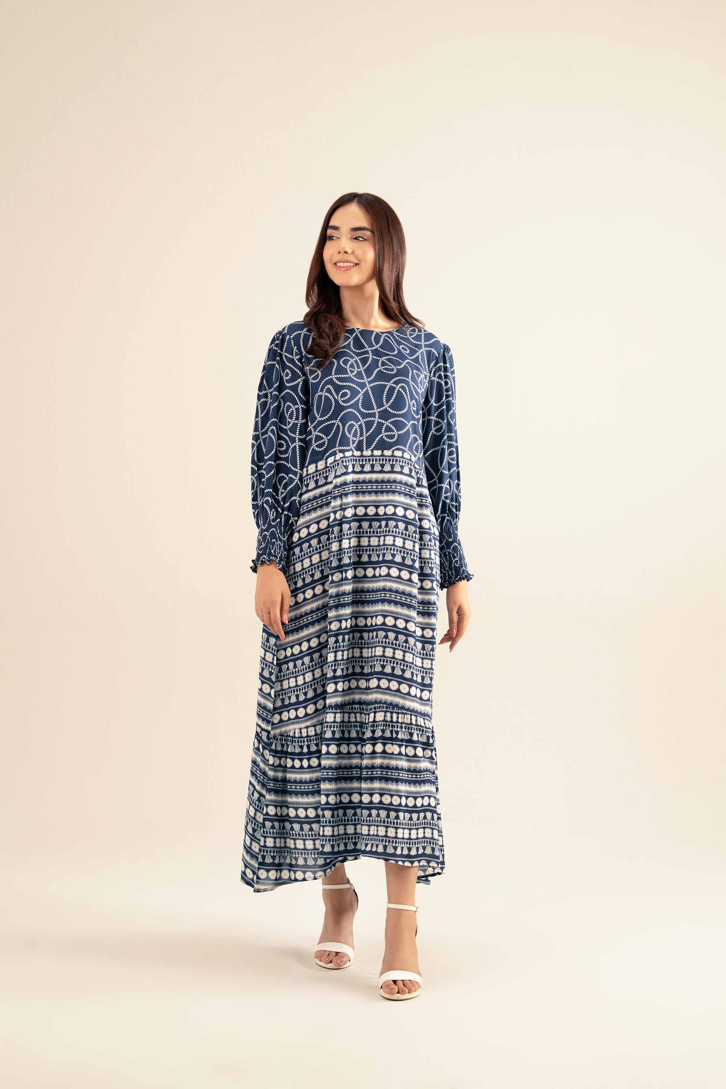 NishatUK - Blue Printed Lawn 1-piece ready to wear Long Dress