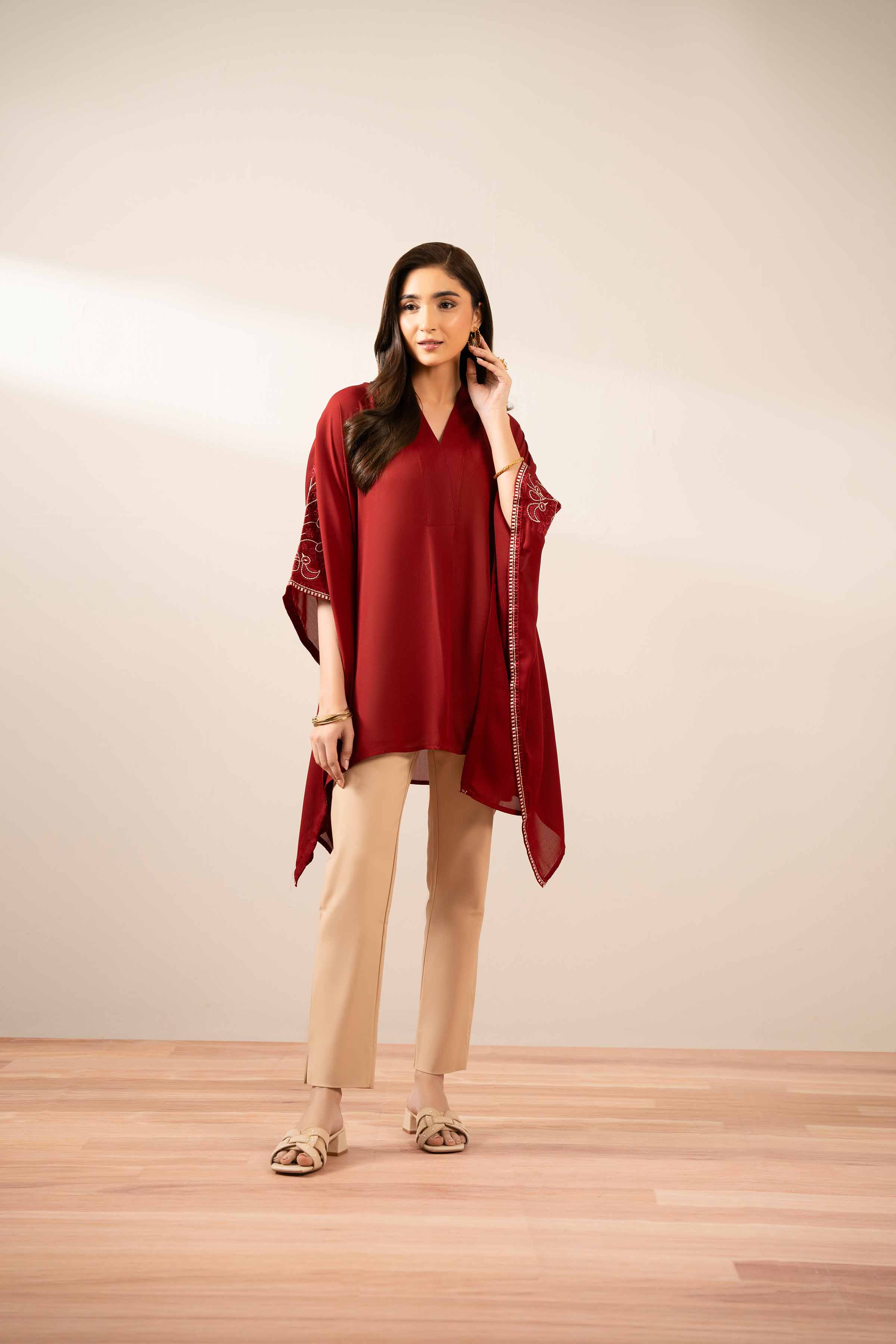 NishatUK - Maroon Embroidered Georgette 1-piece ready to wear Kaftan