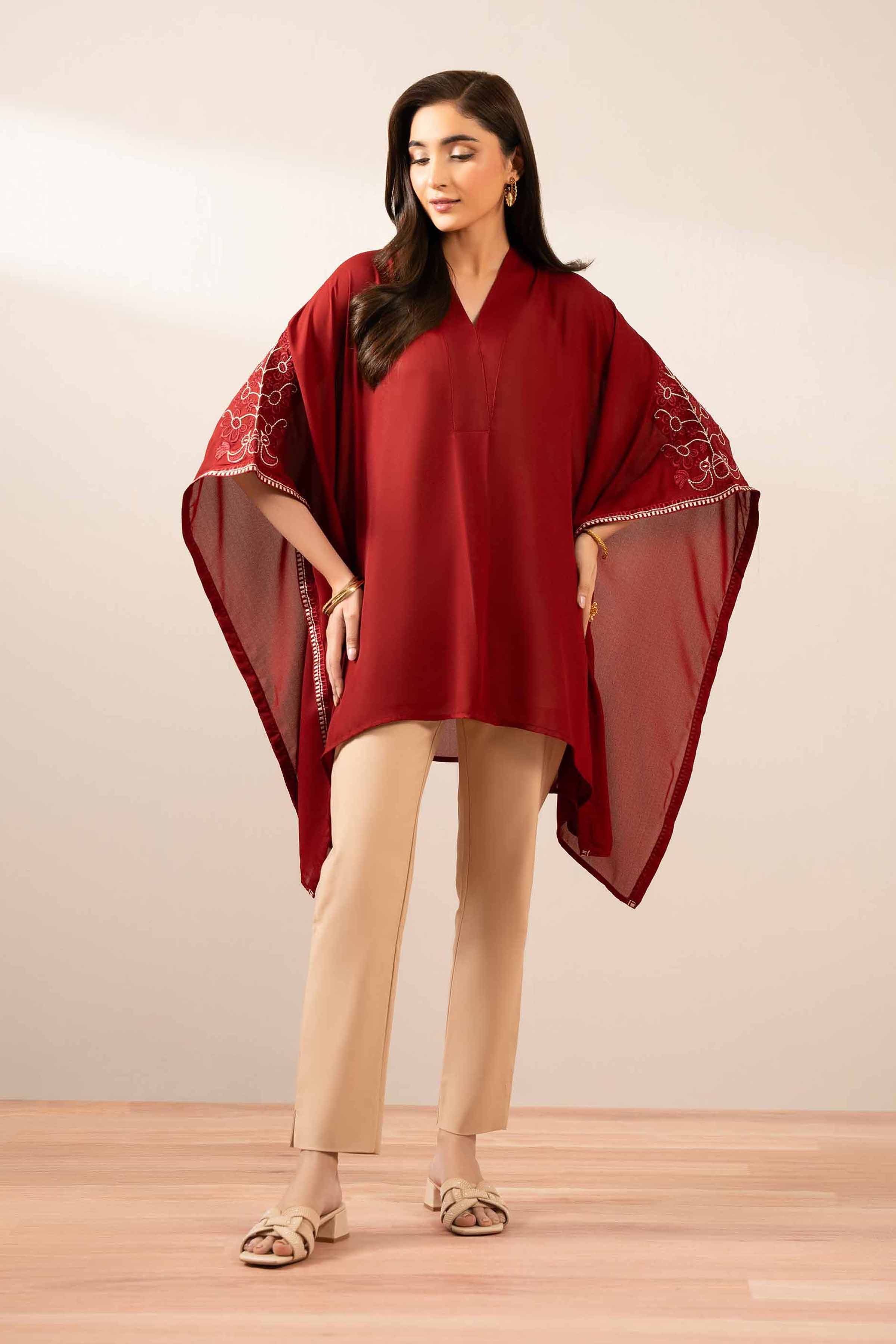 NishatUK - Maroon Embroidered Georgette 1-piece ready to wear Kaftan