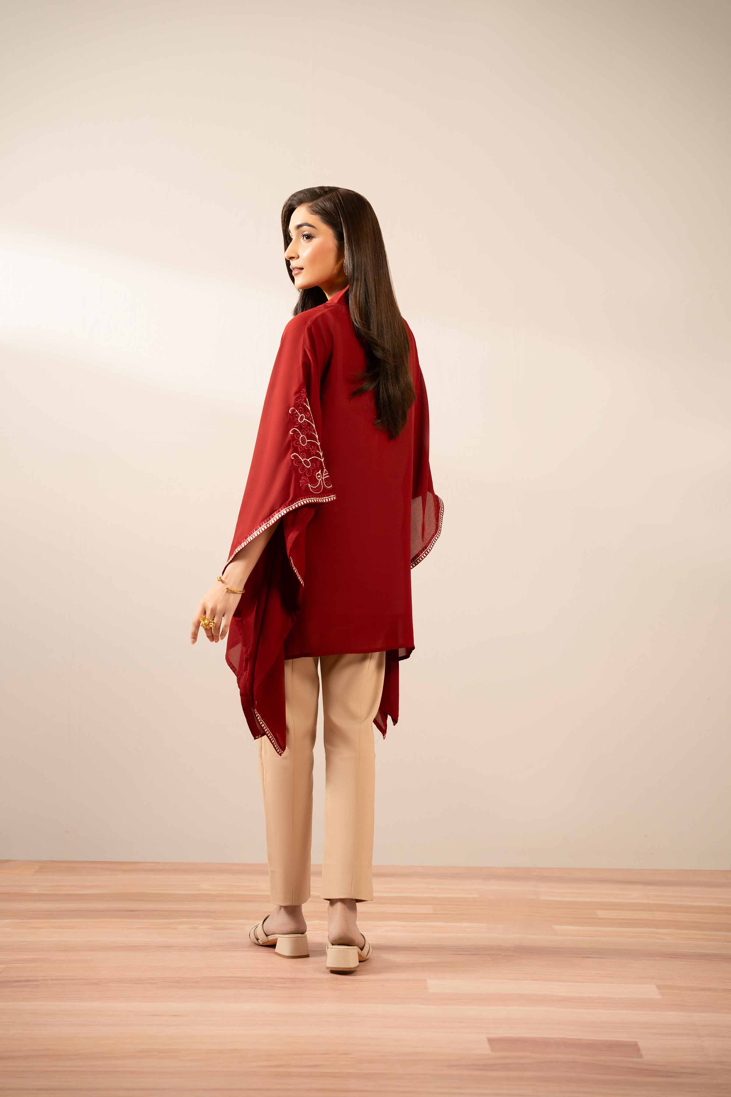 NishatUK - Maroon Embroidered Georgette 1-piece ready to wear Kaftan
