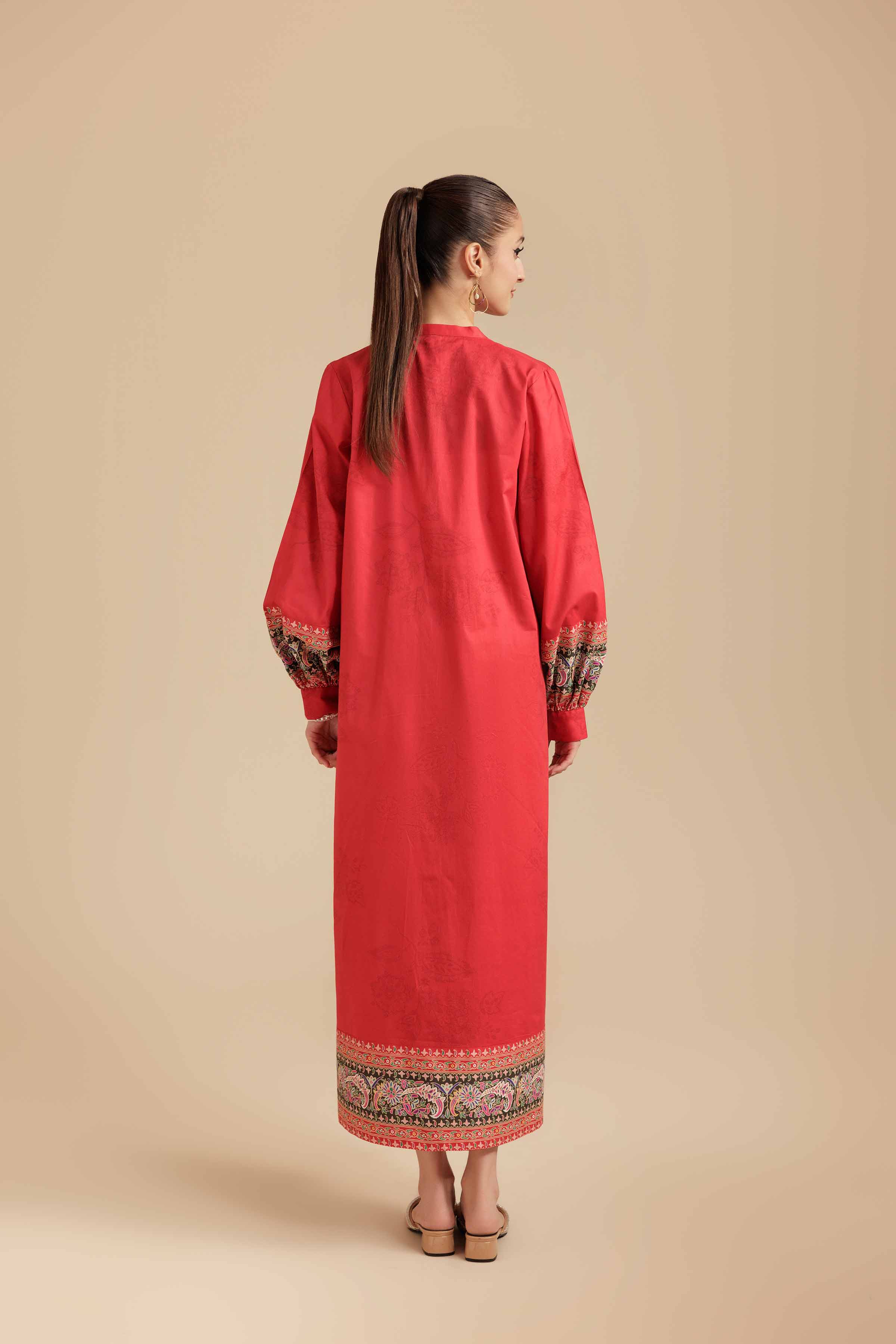 NishatUK - Red Printed Cambric 1-piece ready to wear Long Dress
