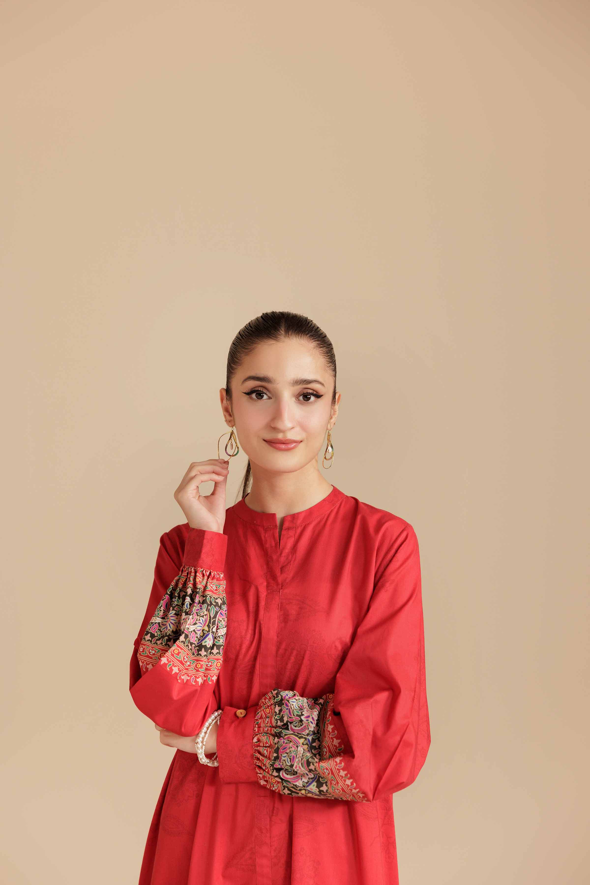 NishatUK - Red Printed Cambric 1-piece ready to wear Long Dress