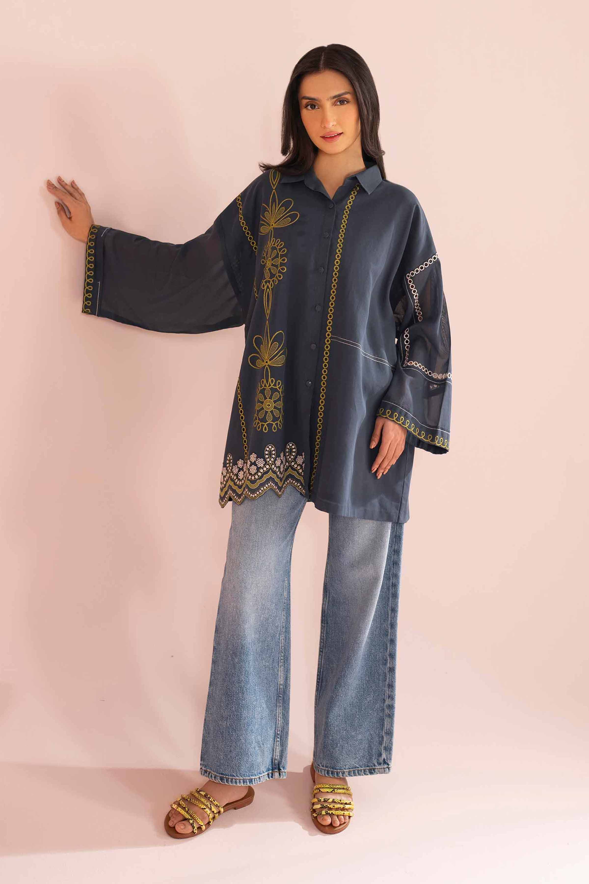 Nishat UK - Grey Embroidered Voile 1-piece ready to wear tunic