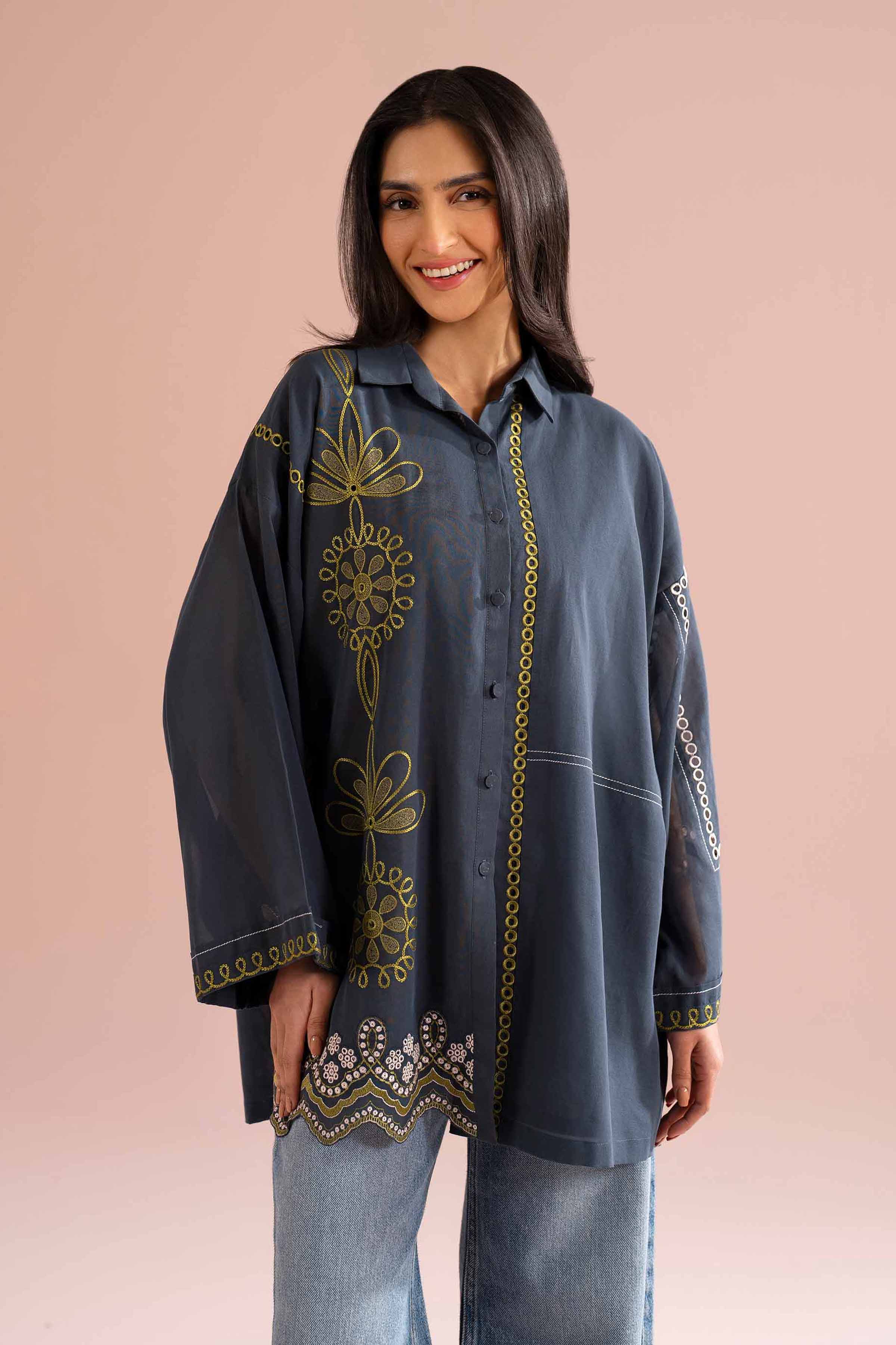 Nishat UK - Grey Embroidered Voile 1-piece ready to wear tunic