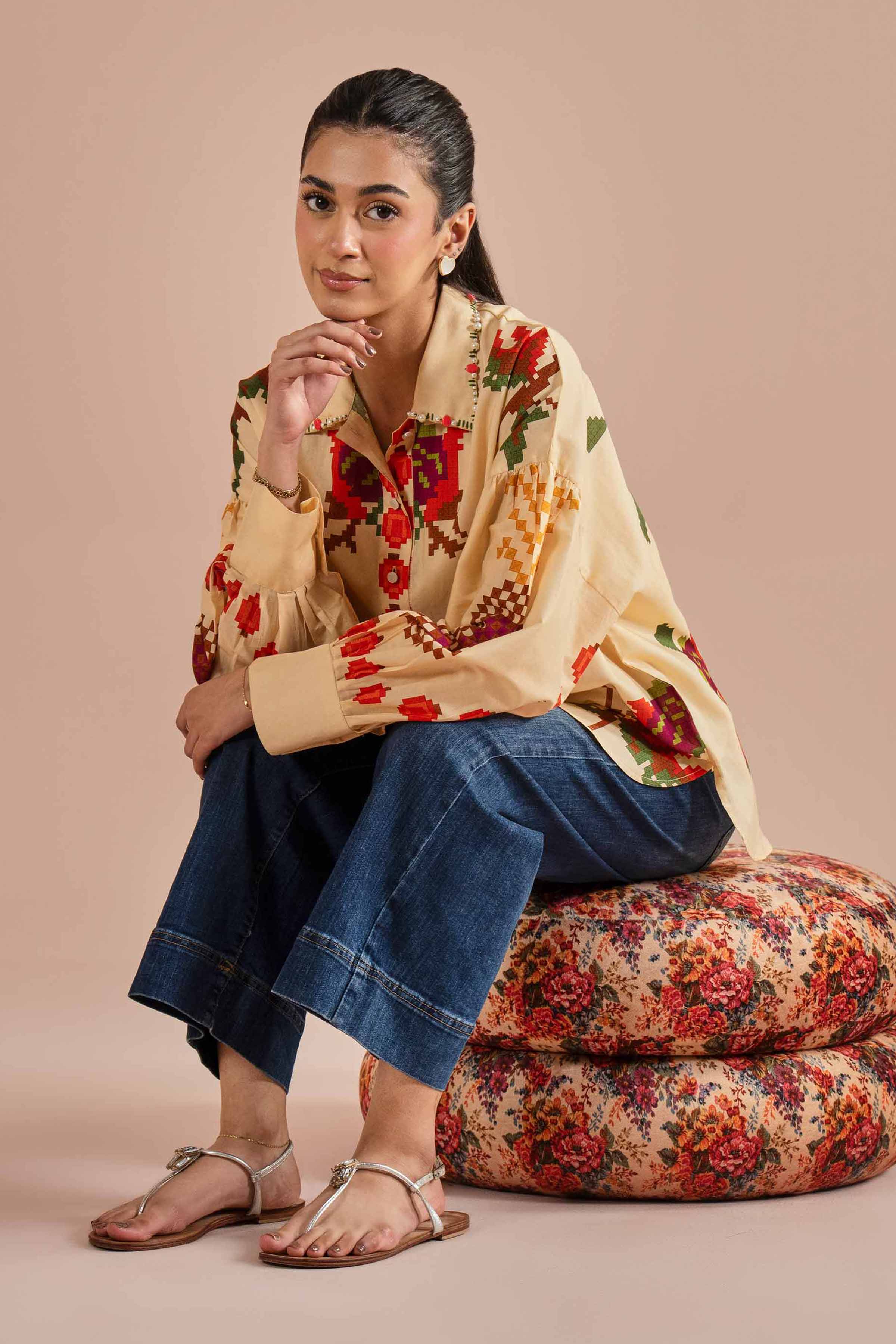 NishatUK - Beige Printed Cambric 1-piece ready to wear Shirt